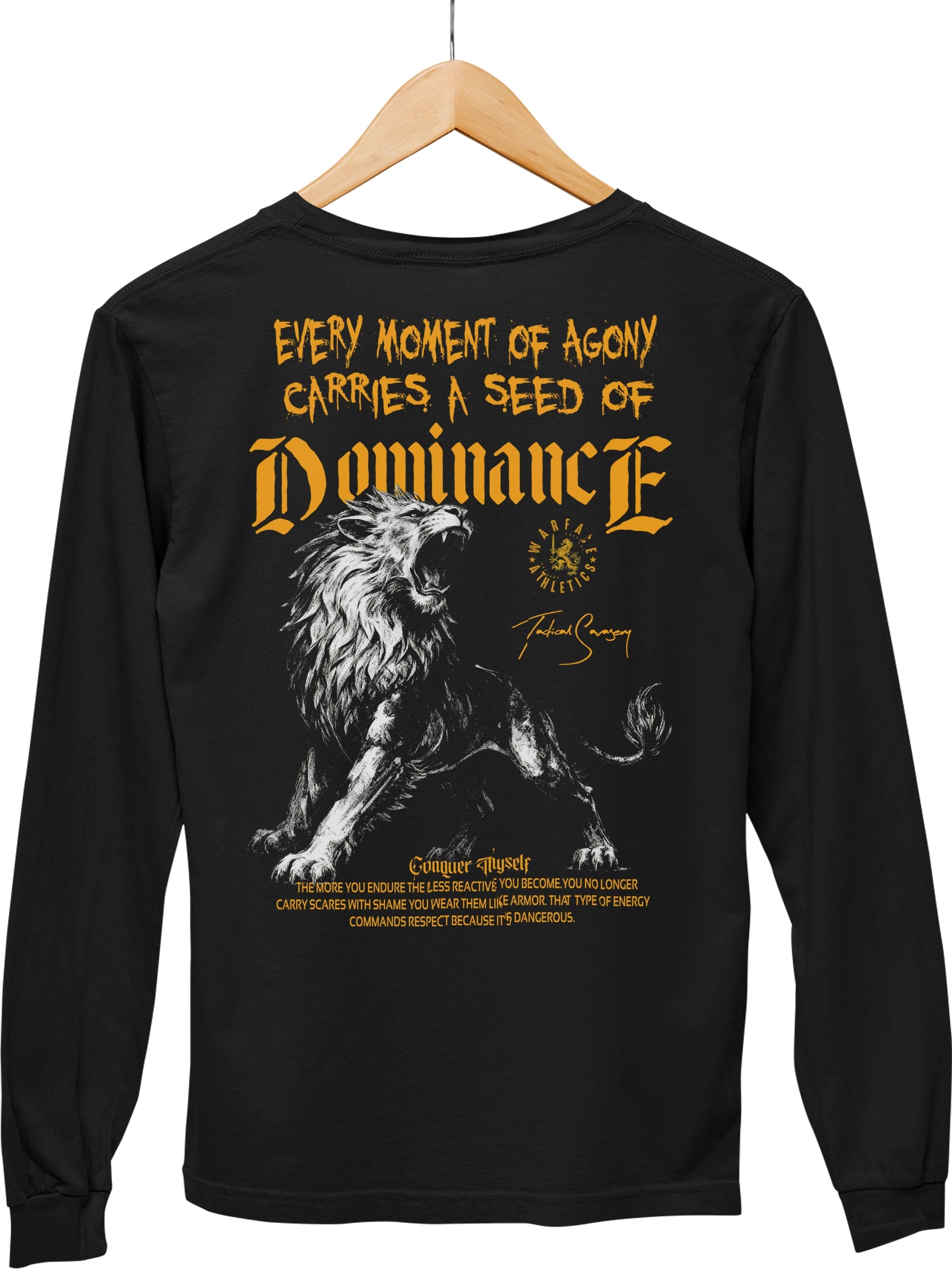 Lion Dominance Long Sleeve Flat Lay Front — Men's Stoic Warrior Shirt with Lion Graphic by Warface Athletics