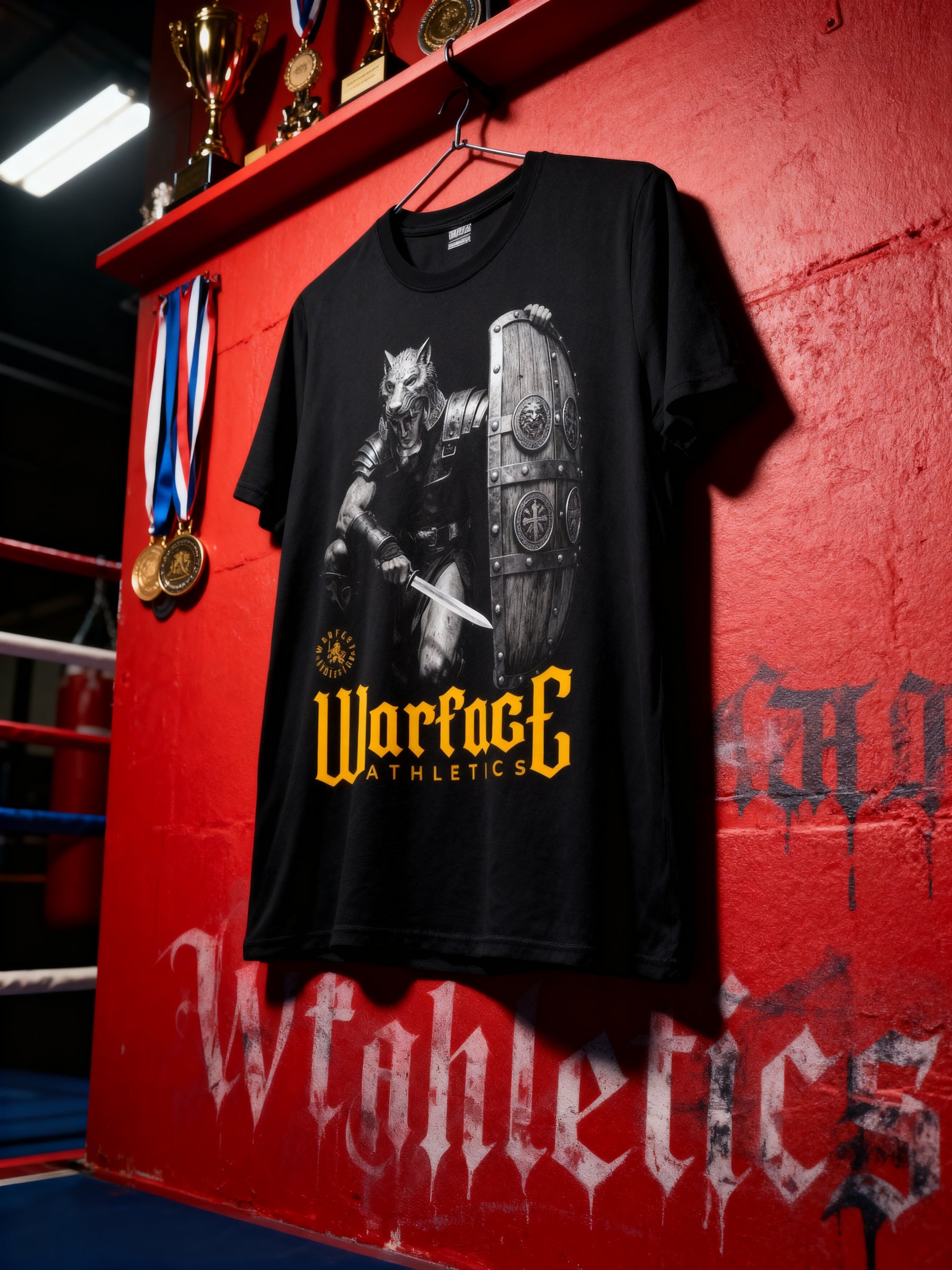 Lone Wolf Gladiator gym shirt on red Warface Athletics wall – men's Roman signifer graphic tee, gym outfit for guys.
