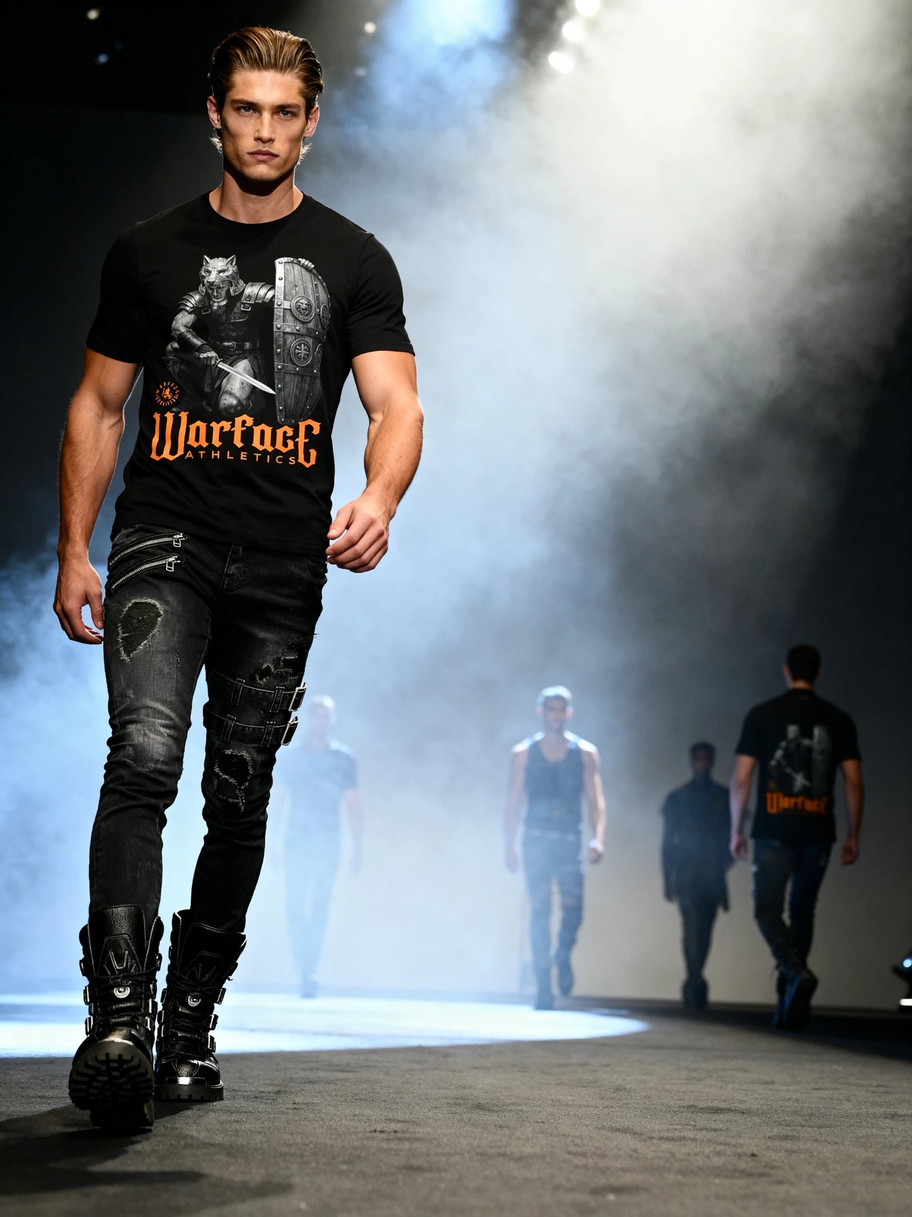 Men's Lone Wolf Gladiator gym shirt – model on runway in Roman signifer wolf pelt graphic tee. Warface Athletics.