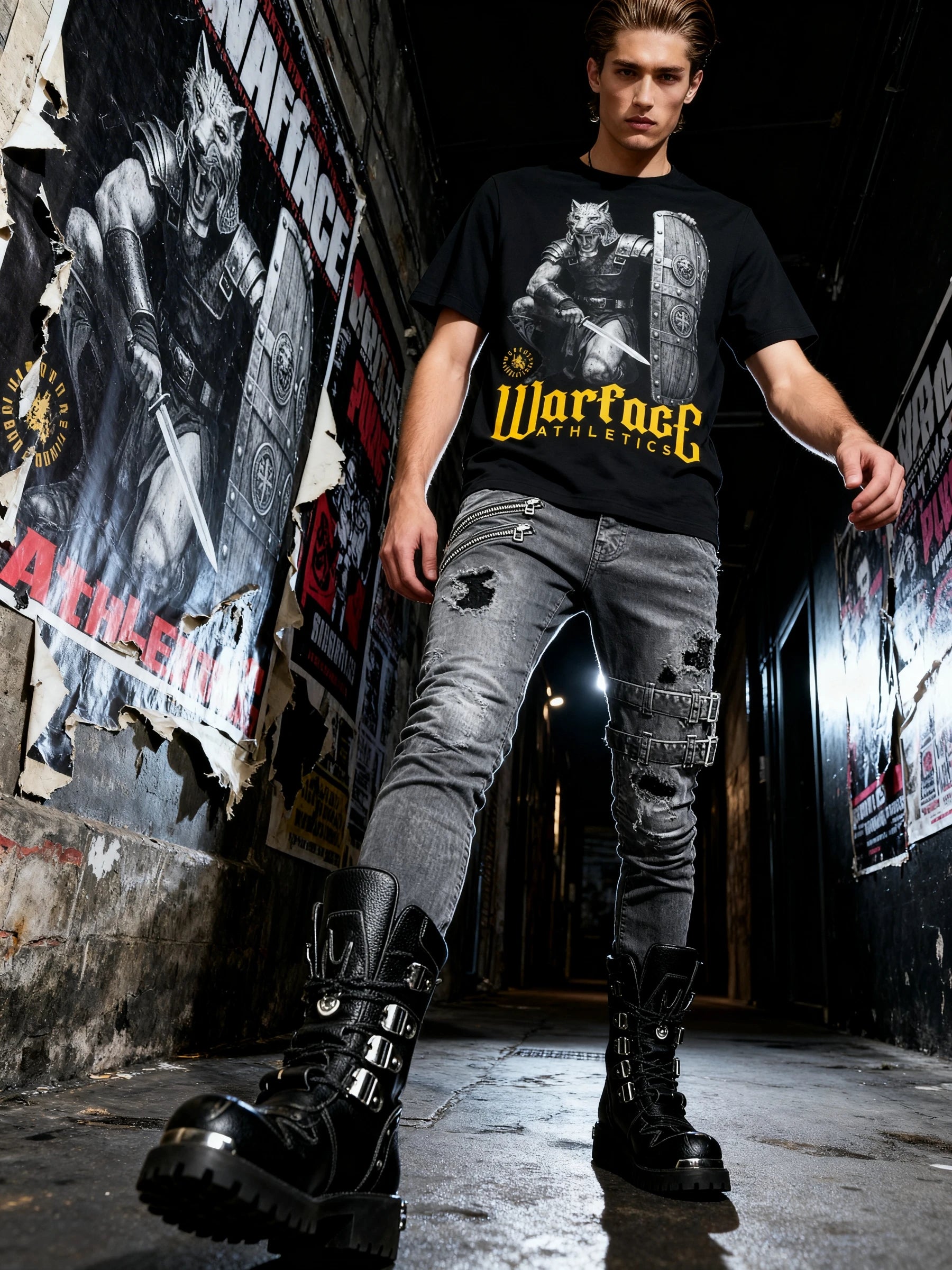 Men's Lone Wolf Gladiator gym shirt – streetwear model in Roman signifer graphic tee, urban setting black boots. Warface Athletics.