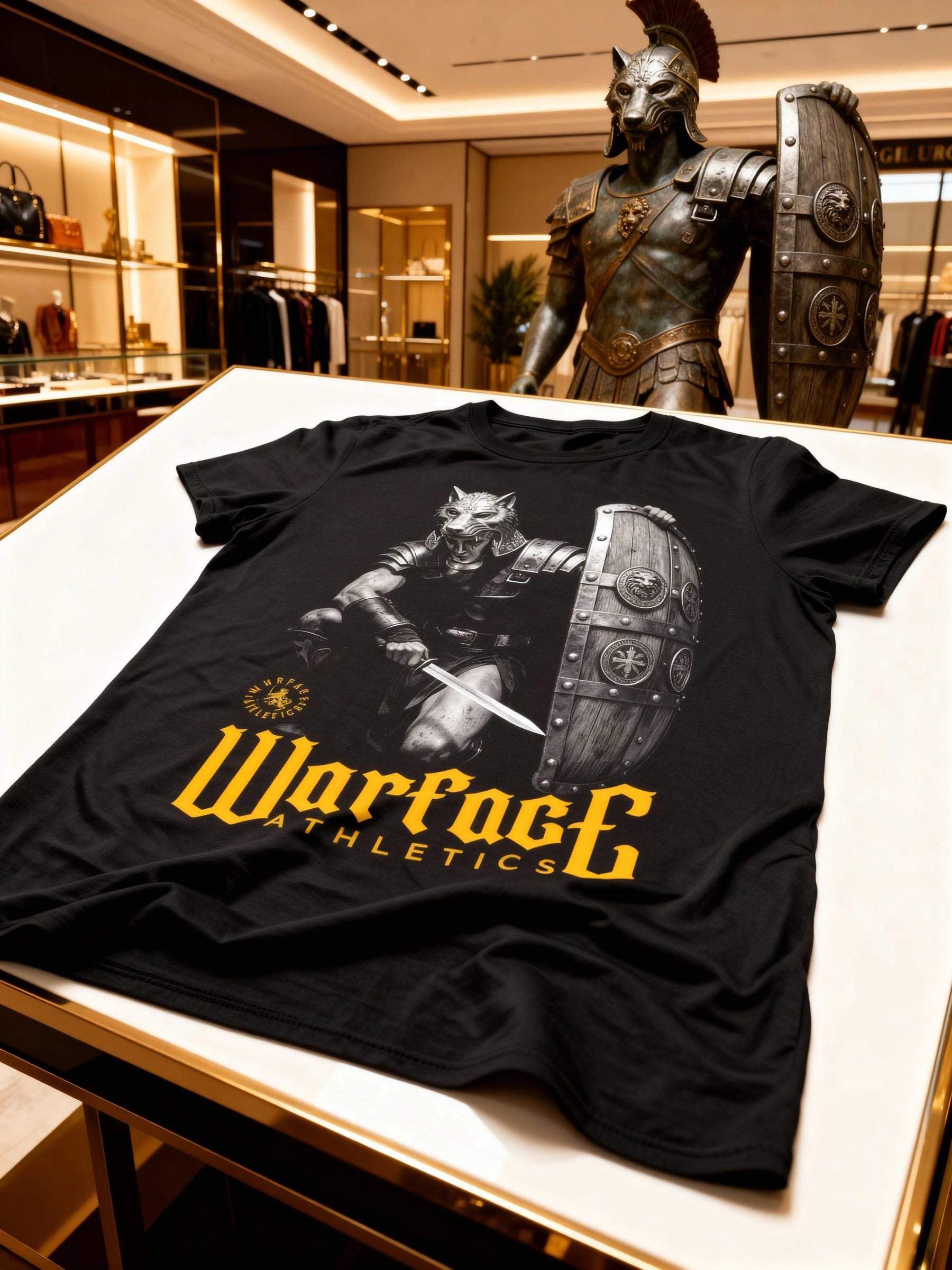 Lone Wolf Gladiator gym shirt in luxury store display – men's Roman signifer graphic tee, Bella+Canvas 3001. Warface Athletics.
