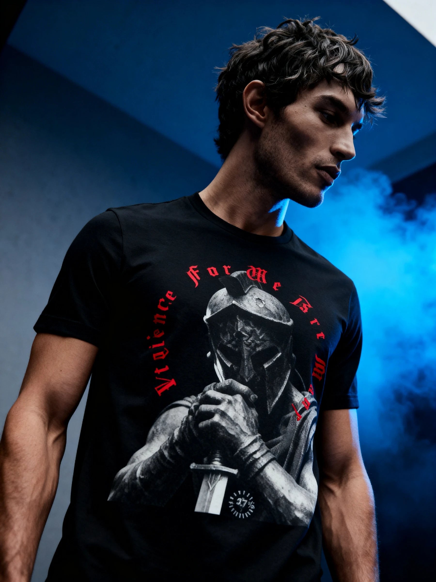 Legion For We Are Many gym shirt flat lay on ground – men's spartan warrior graphic tee, Bella+Canvas 3001. Warface Athletics.