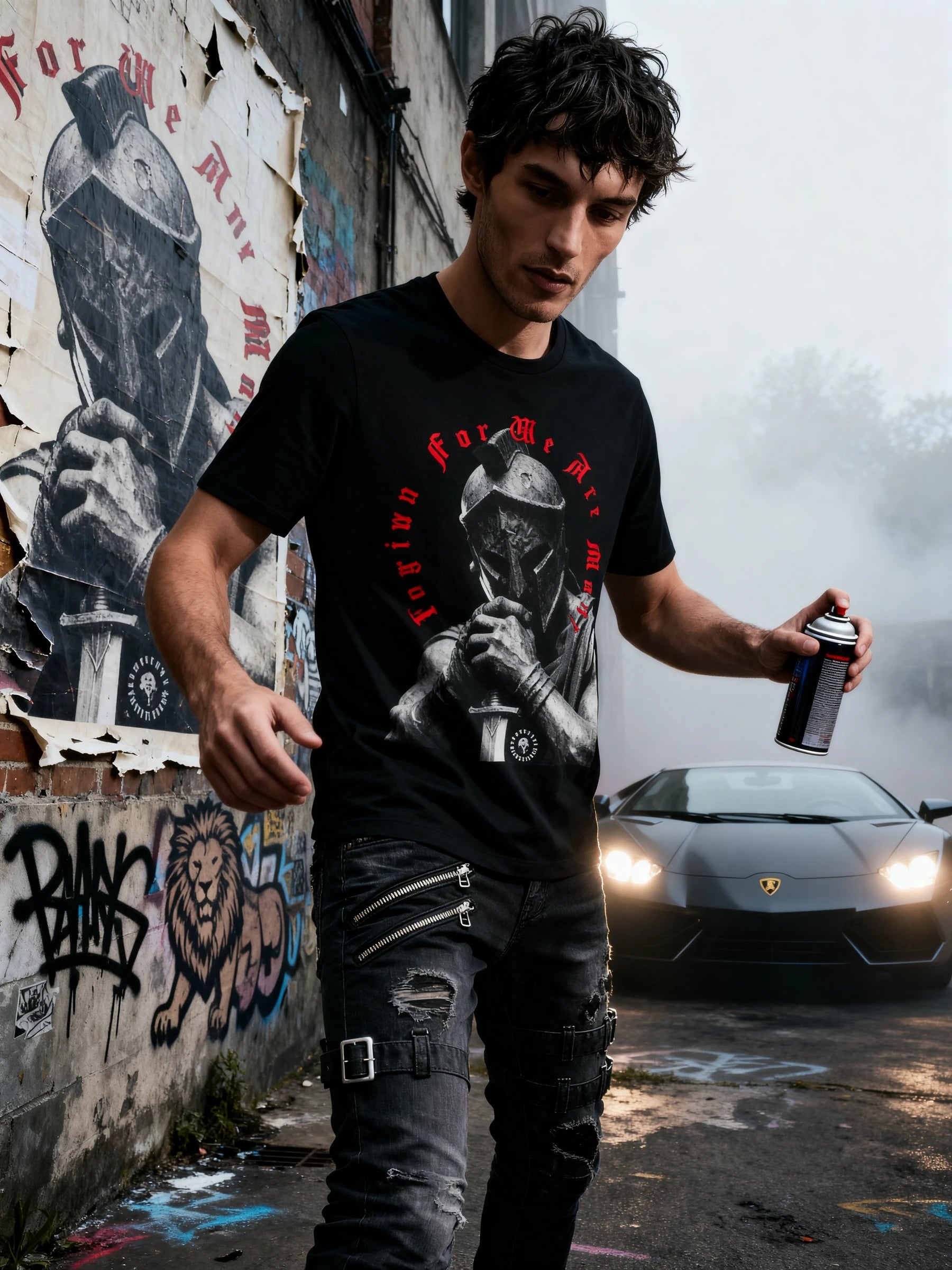Legion For We Are Many gym shirt on display – model with spray paint wearing spartan graphic tee, Warface Athletics store. 