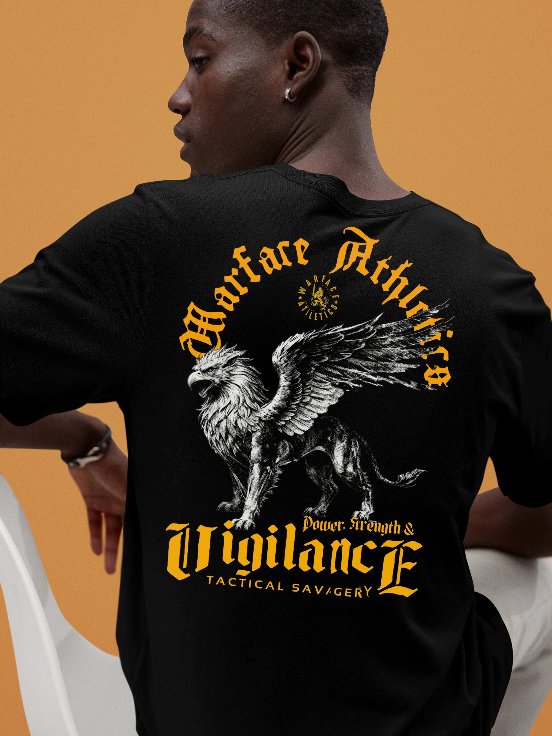 Vigilance Graphic Tee Back Lifestyle — Men's Griffin Warrior Gym Shirt with yellow Stoic Quote by Warface Athletics