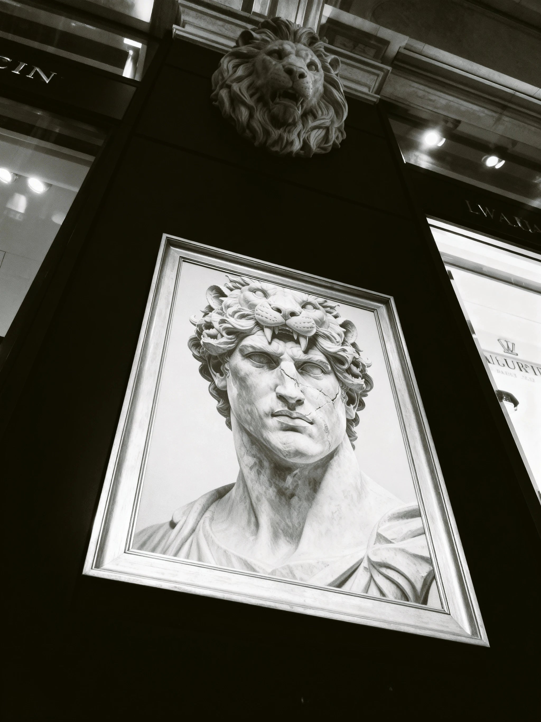 Hercules Nemean lion canvas art angled in dark gallery – greek mythology wall art, gallery wrapped ready to hang.