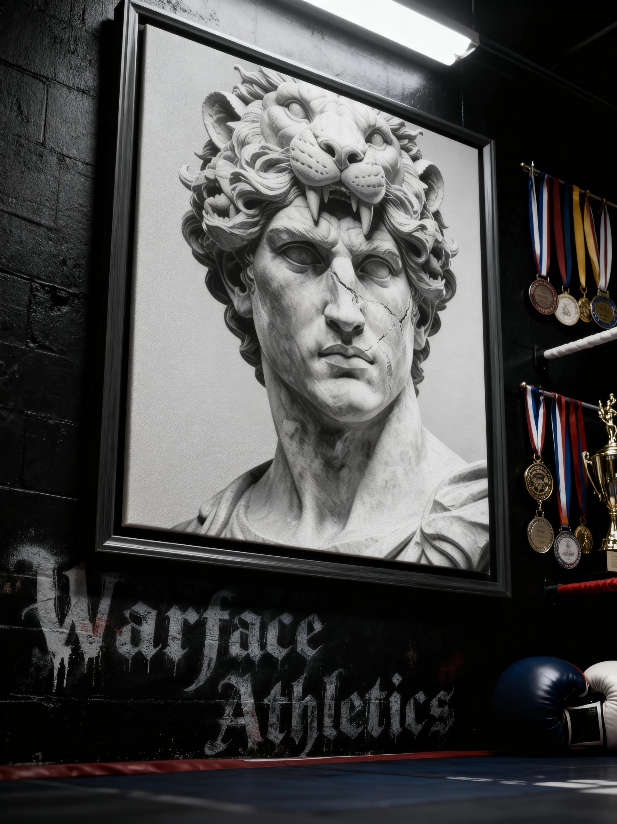 Hercules greek mythology canvas art on Warface Athletics display – monochrome marble bust, home gym wall decor.