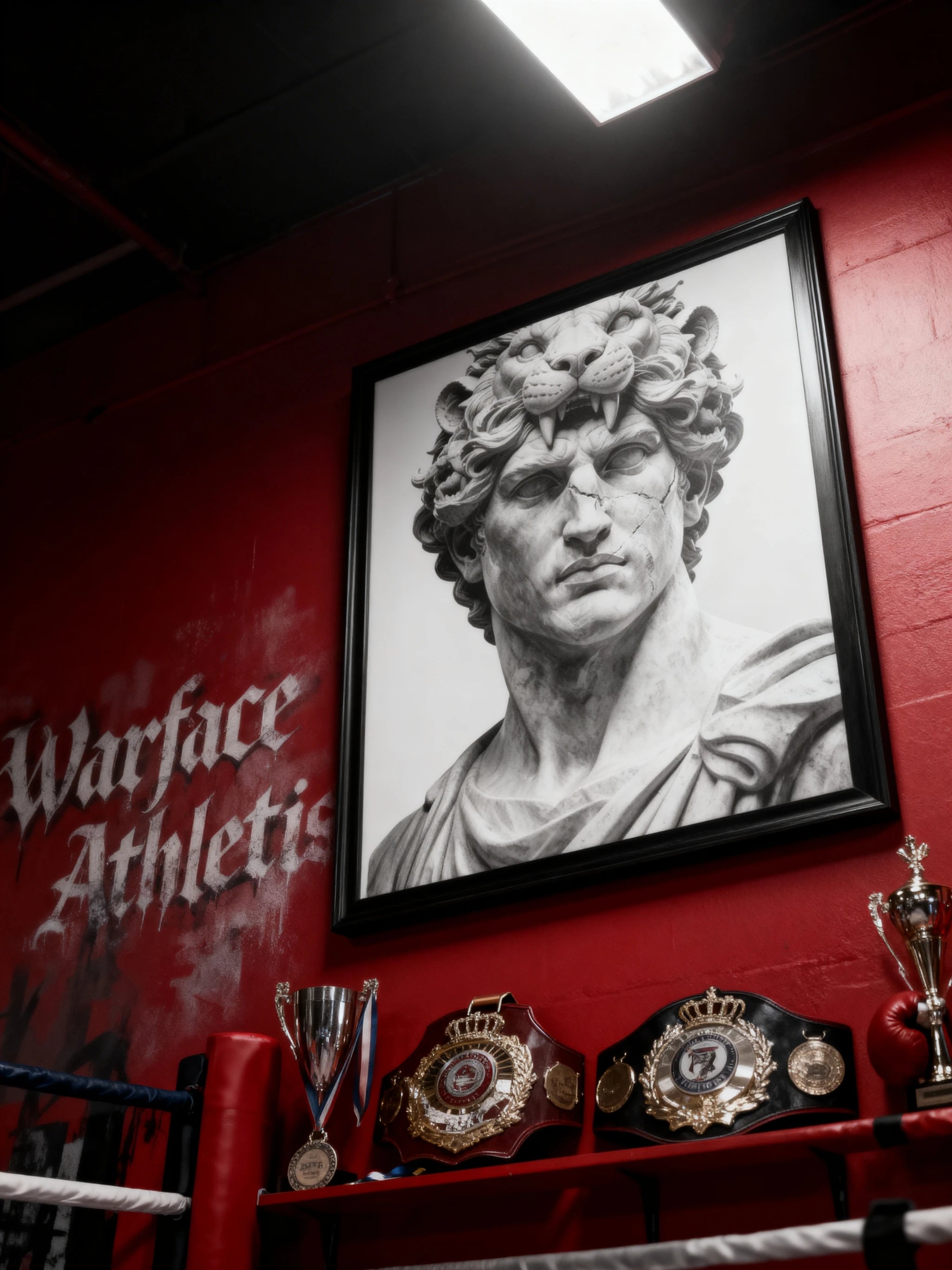 Hercules canvas art on red Warface Athletics wall – monochrome greek mythology marble bust, large wall art for men.