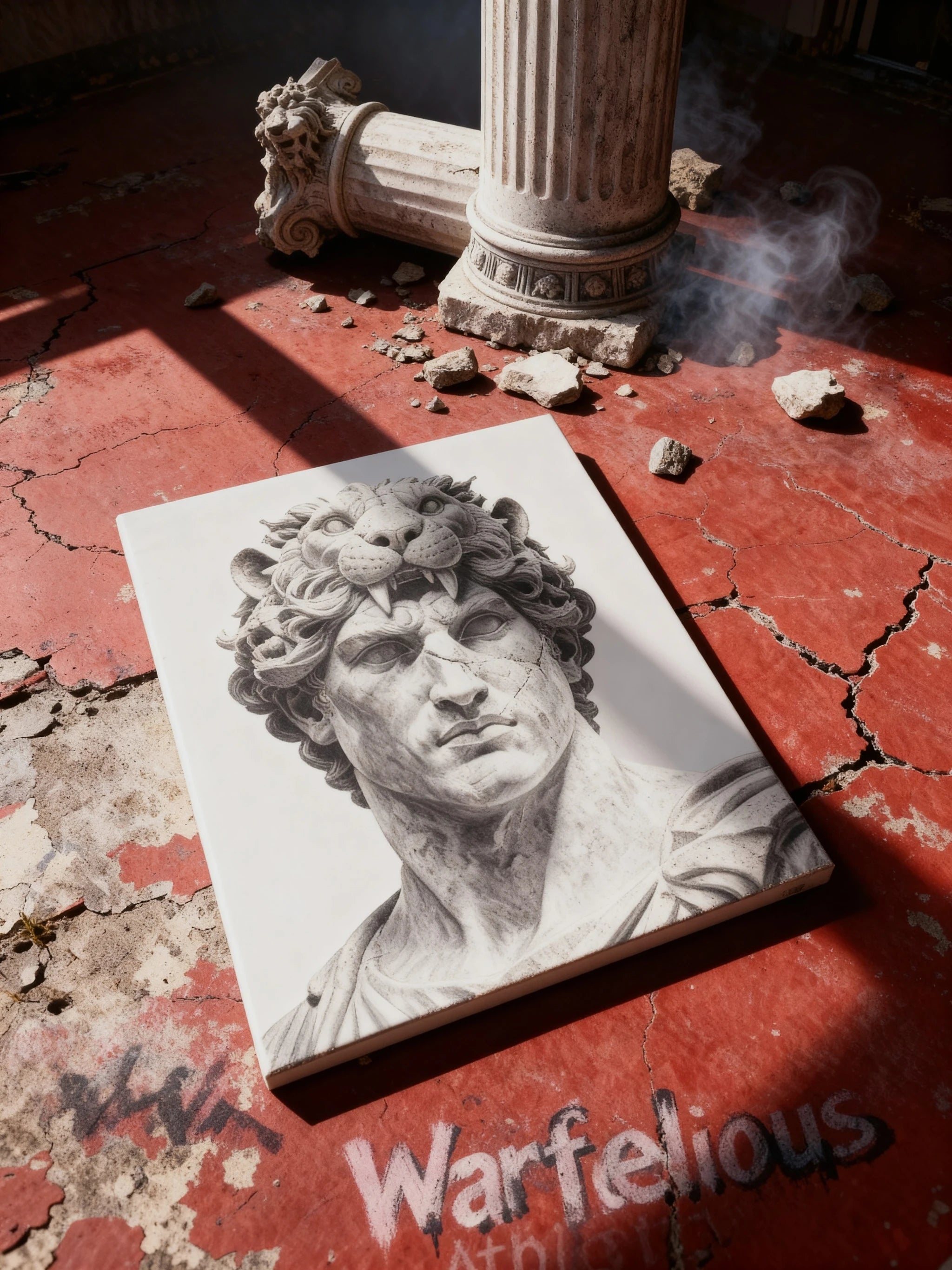 Hercules greek mythology canvas art on red Warface Athletics display – monochrome marble bust wall art, man cave decor.