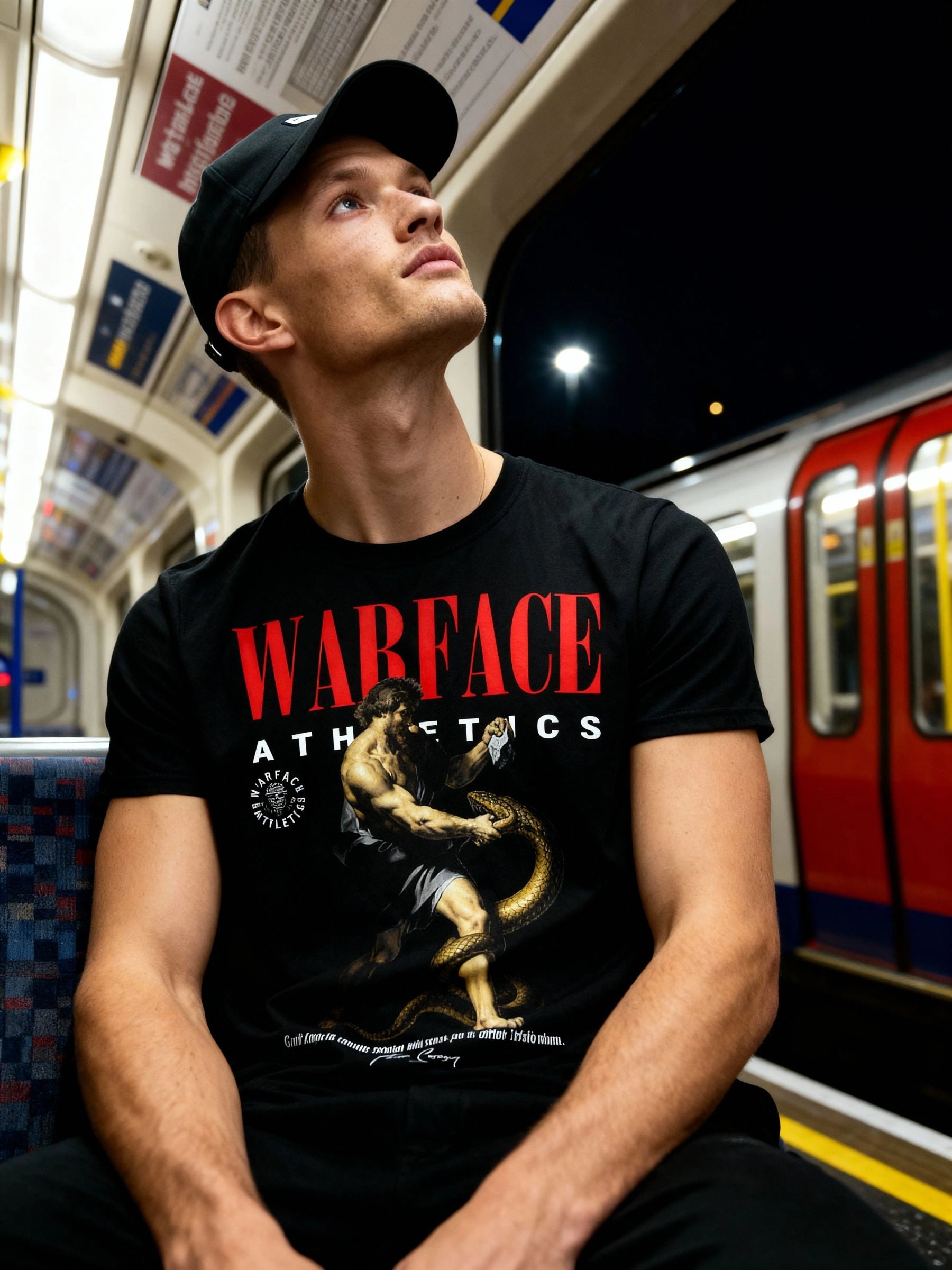 Men's Hercules Greek Mythology Gym Shirt with Red Warface Athletics Graphic in Subway Setting by Warface Athletics