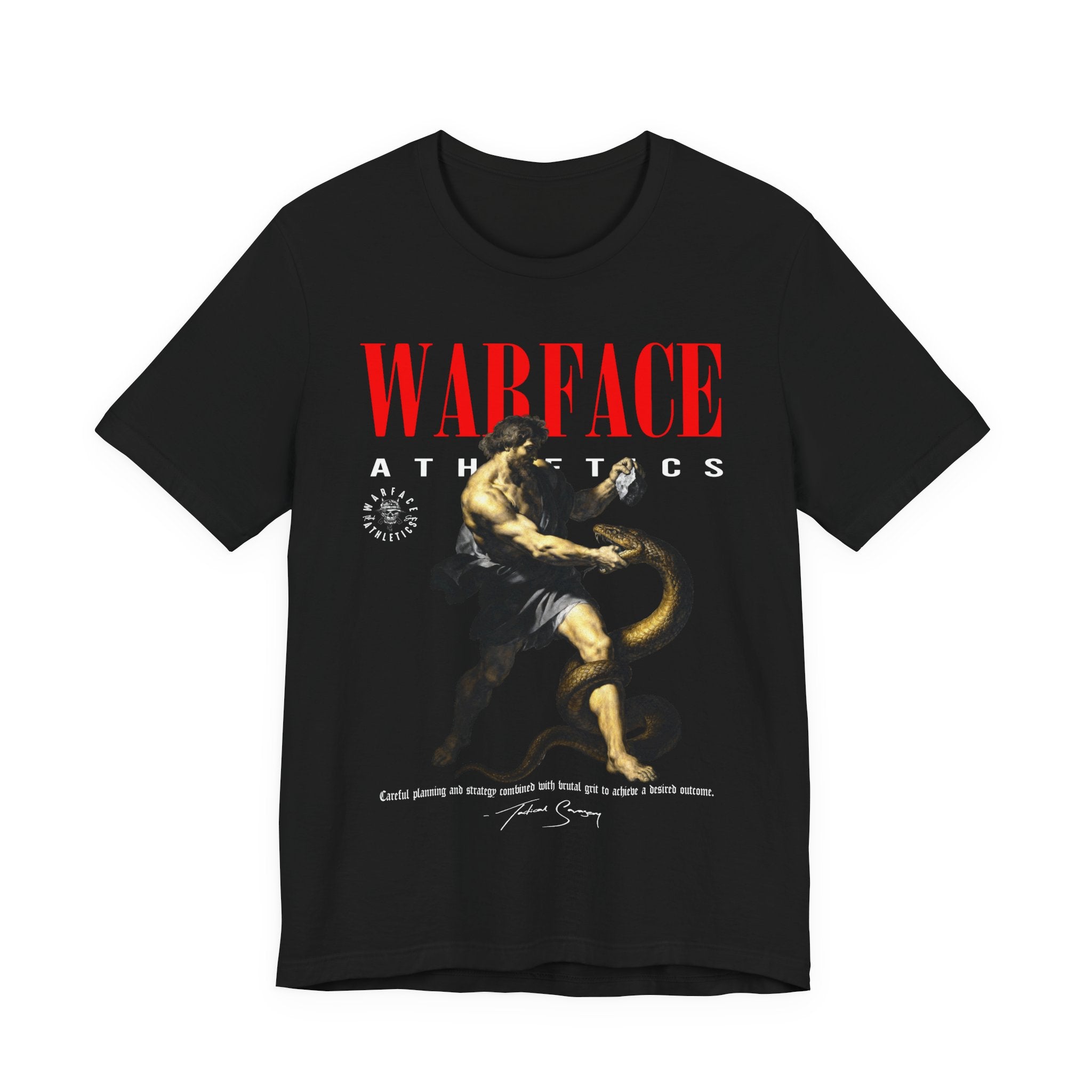Gym Tee Flat Lay — Men's Black Greek Mythology Gym Shirt with Red Warface Athletics Branding and Hercules Print by Warface Athletics