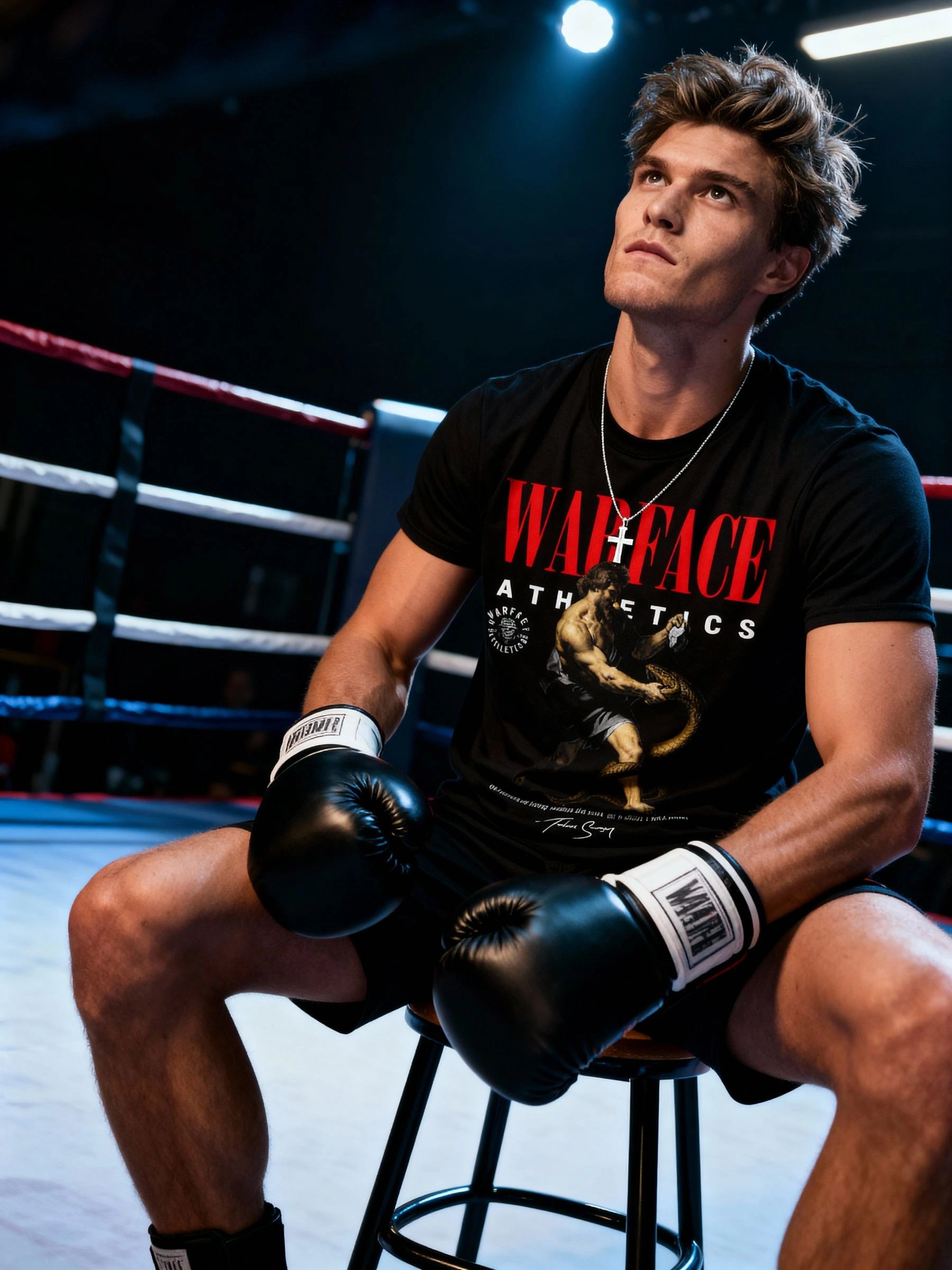 Workout Tee Lifestyle — Men's Hercules Greek Mythology Gym Shirt with Warrior Print in Boxing Setting by Warface Athletics