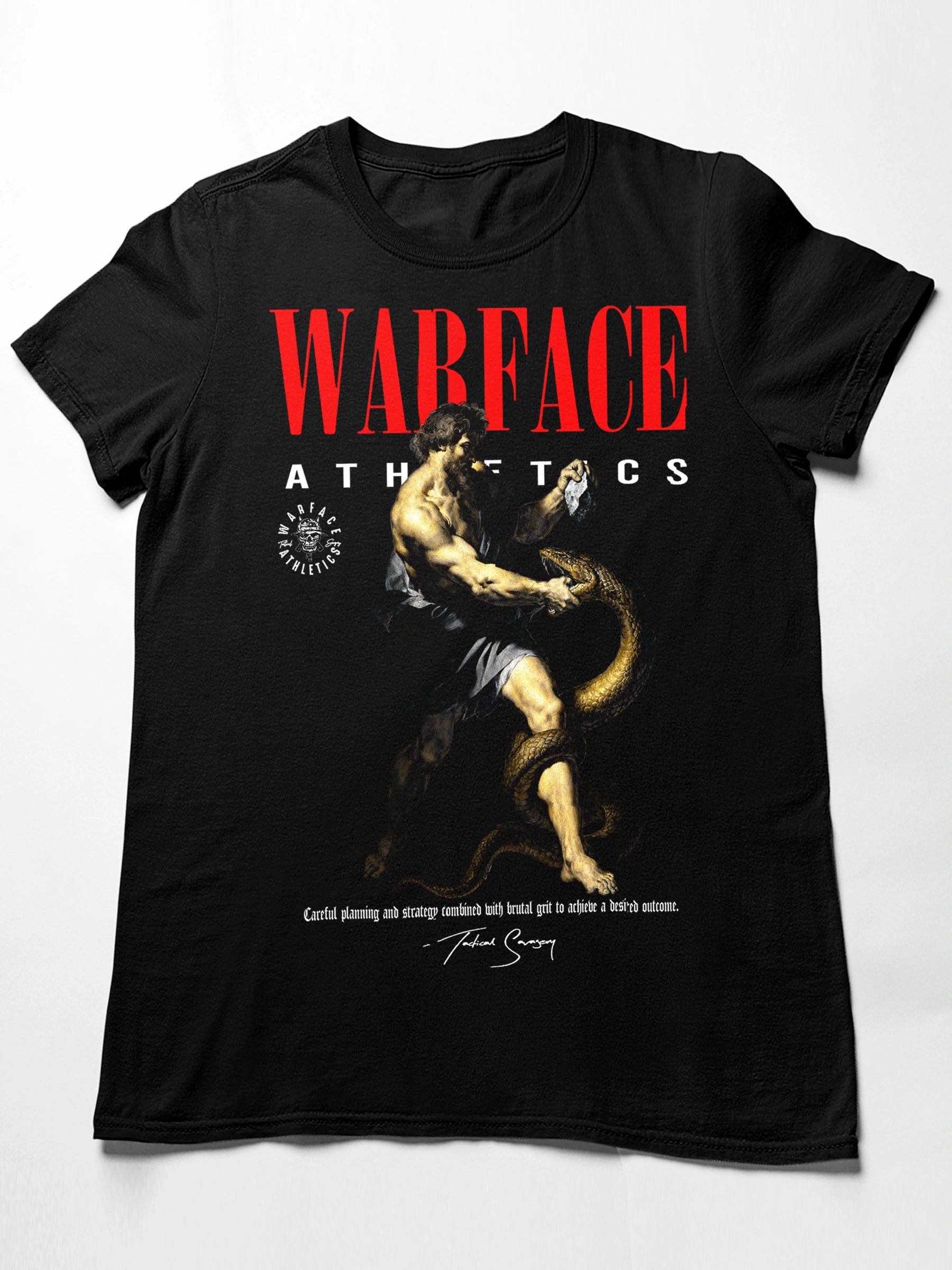 Gym Tee Flat Lay Front — Men's Black Greek Mythology Gym Shirt with Red Warface Athletics and Hercules Graphic by Warface Athletics