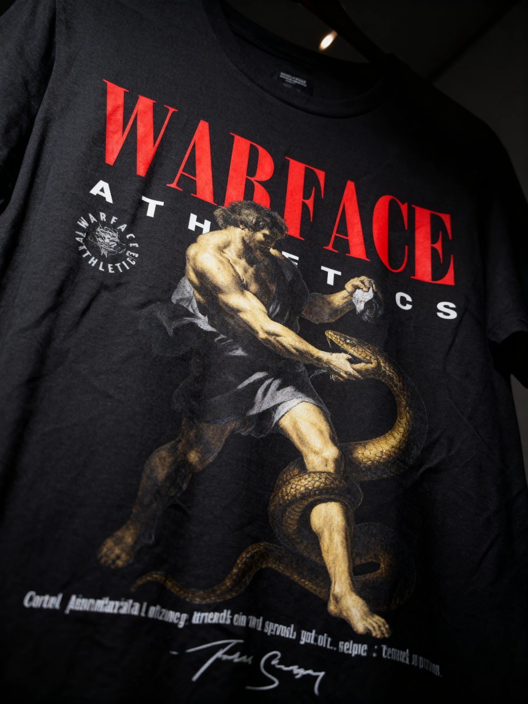 Dominate Tee Display — Men's Hercules Greek Mythology Gym Shirt with Red Warface Athletics Logo and  Graphic by Warface Athletics