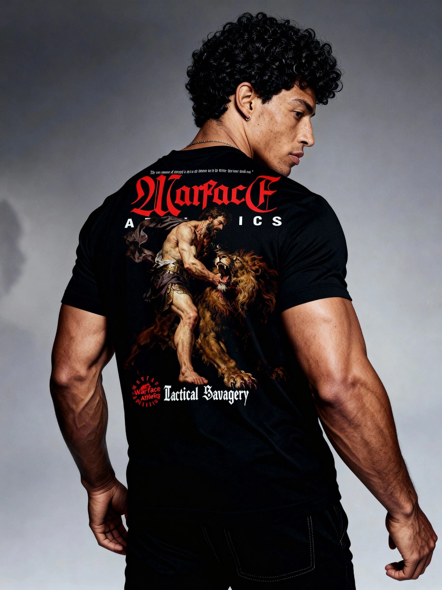 Greek mythology t shirt – muscular model showing Hercules Nemean Lion back print graphic tee – Warface Athletics