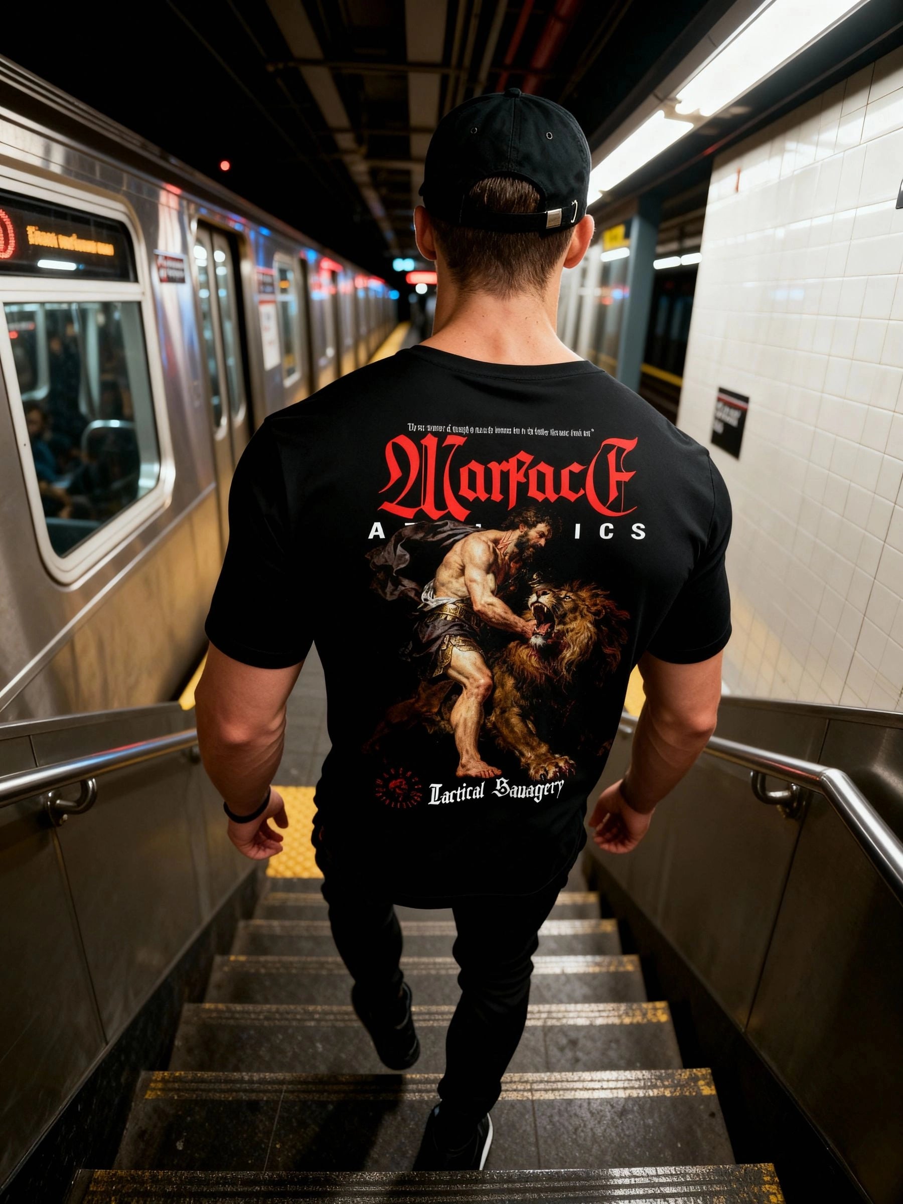 T shirt with graphics – Hercules Nemean Lion back print graphic tee on subway, streetwear style – Warface Athletics