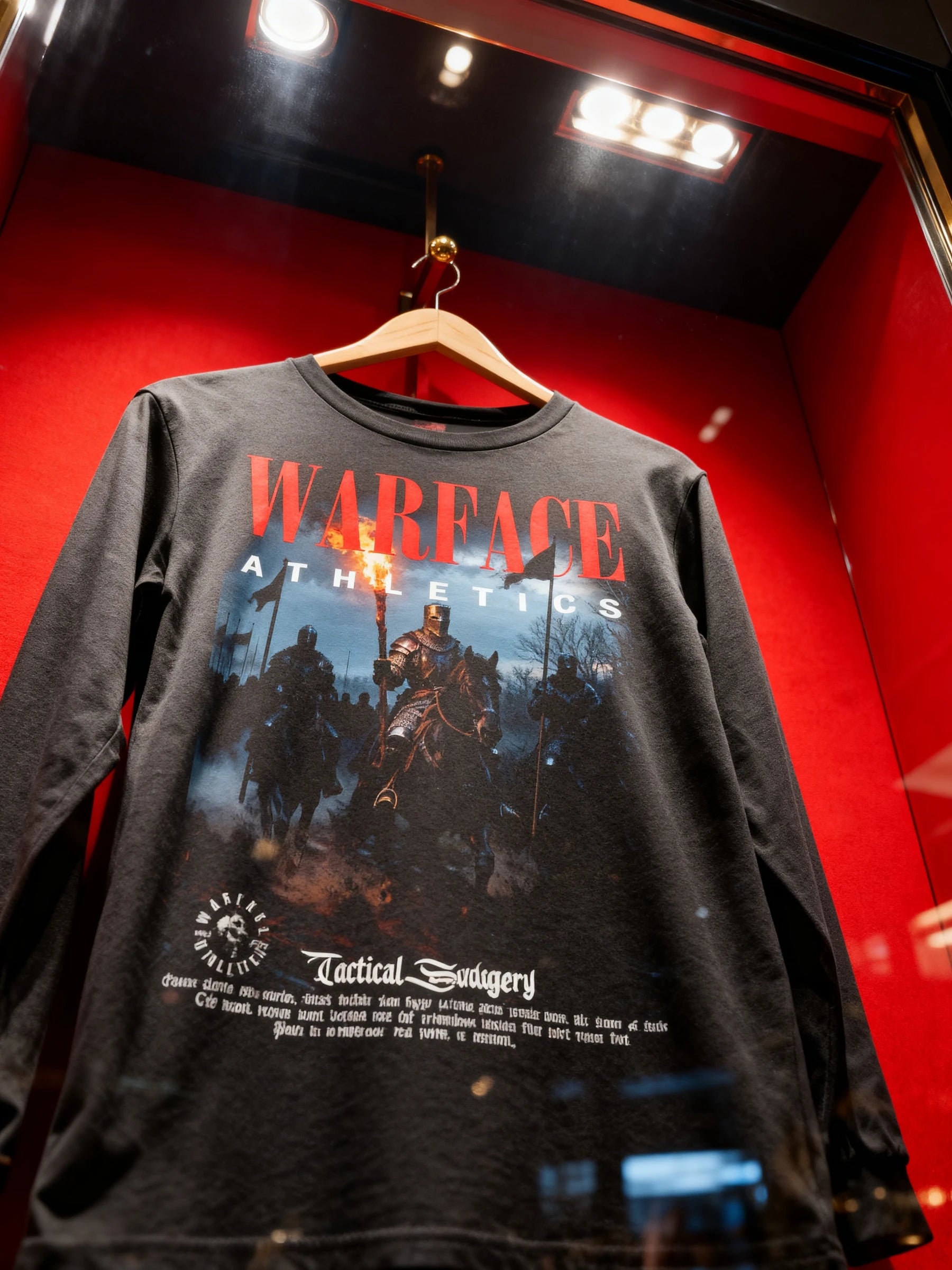 Medieval knight long sleeve gym shirt on hanger – inspirational quote tee, red background. Warface Athletics.