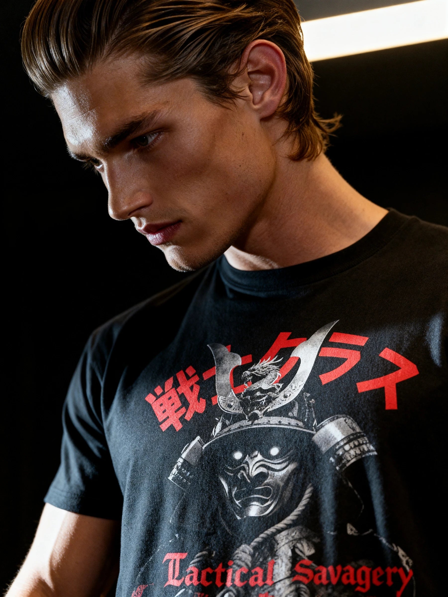Tactical Savagery samurai gym shirt – streetwear model in men's japanese warrior heavyweight tee, dark background.