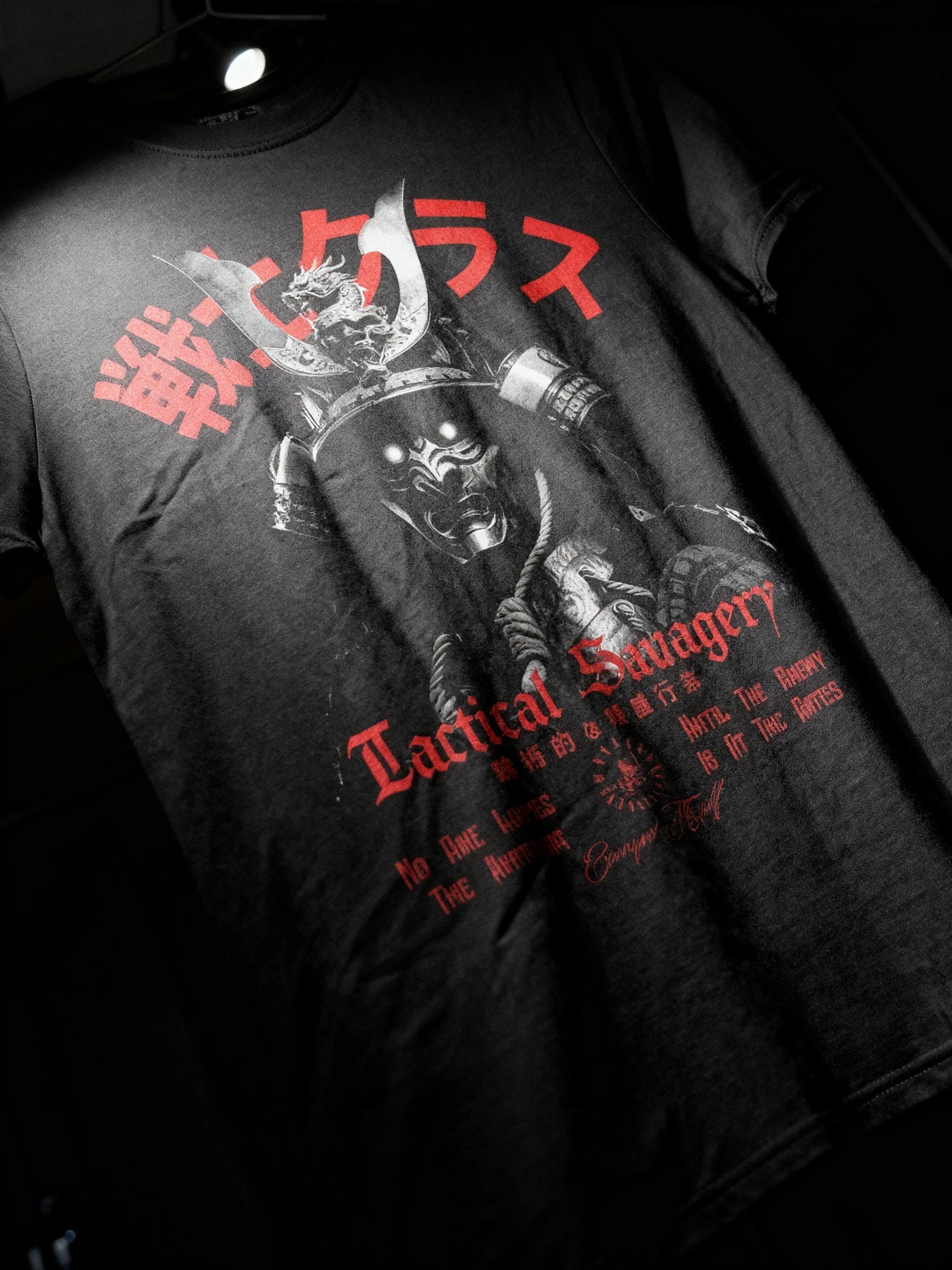 Men's samurai heavyweight gym shirt – model in Tactical Savagery japanese warrior graphic tee, dark background.