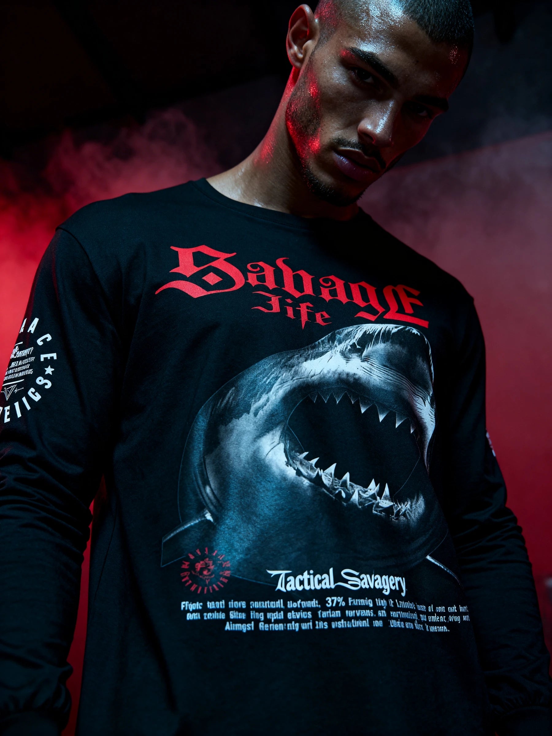 Men's Savage Life shark graphic long sleeve – model in black gym shirt, dark background streetwear lifestyle. Warface Athletics.