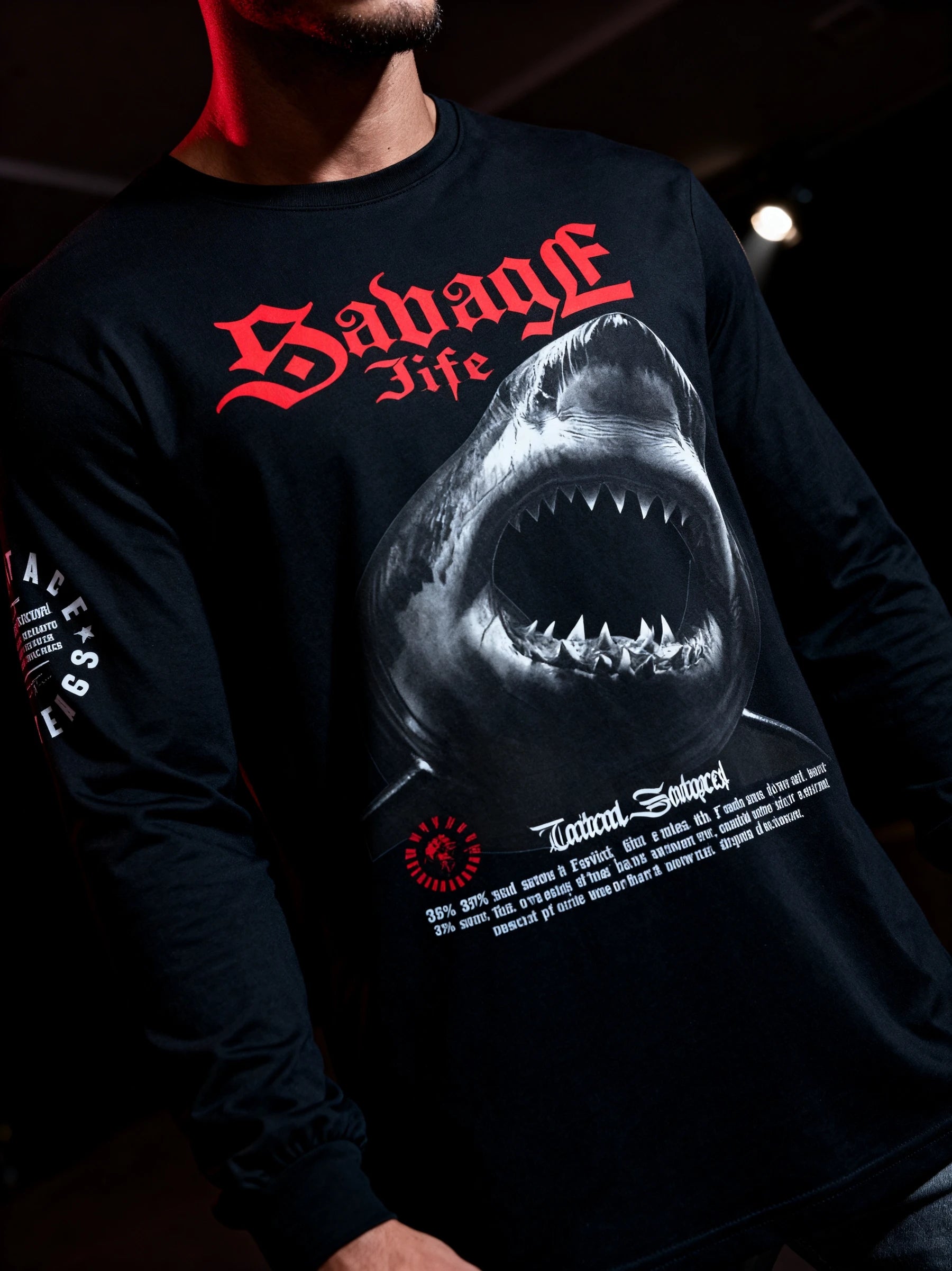 Men's Savage Life shark graphic long sleeve close-up – savage gym shirt, long sleeve workout shirt for men.