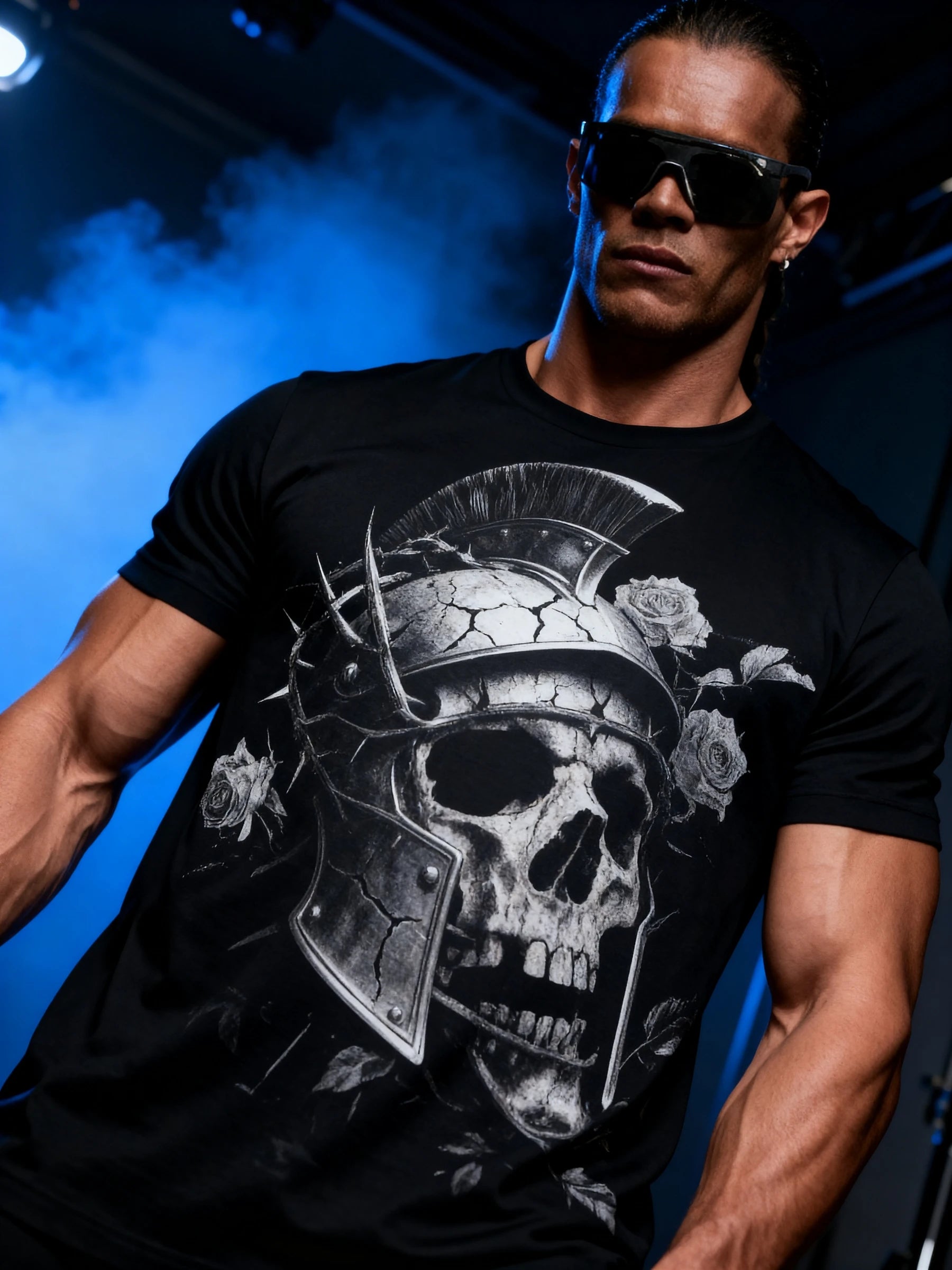 Spartan skull Graphic Tee Close-Up — Men's Stoic T-Shirt with Spartan Warrior Motivational Quote by Warface Athletics