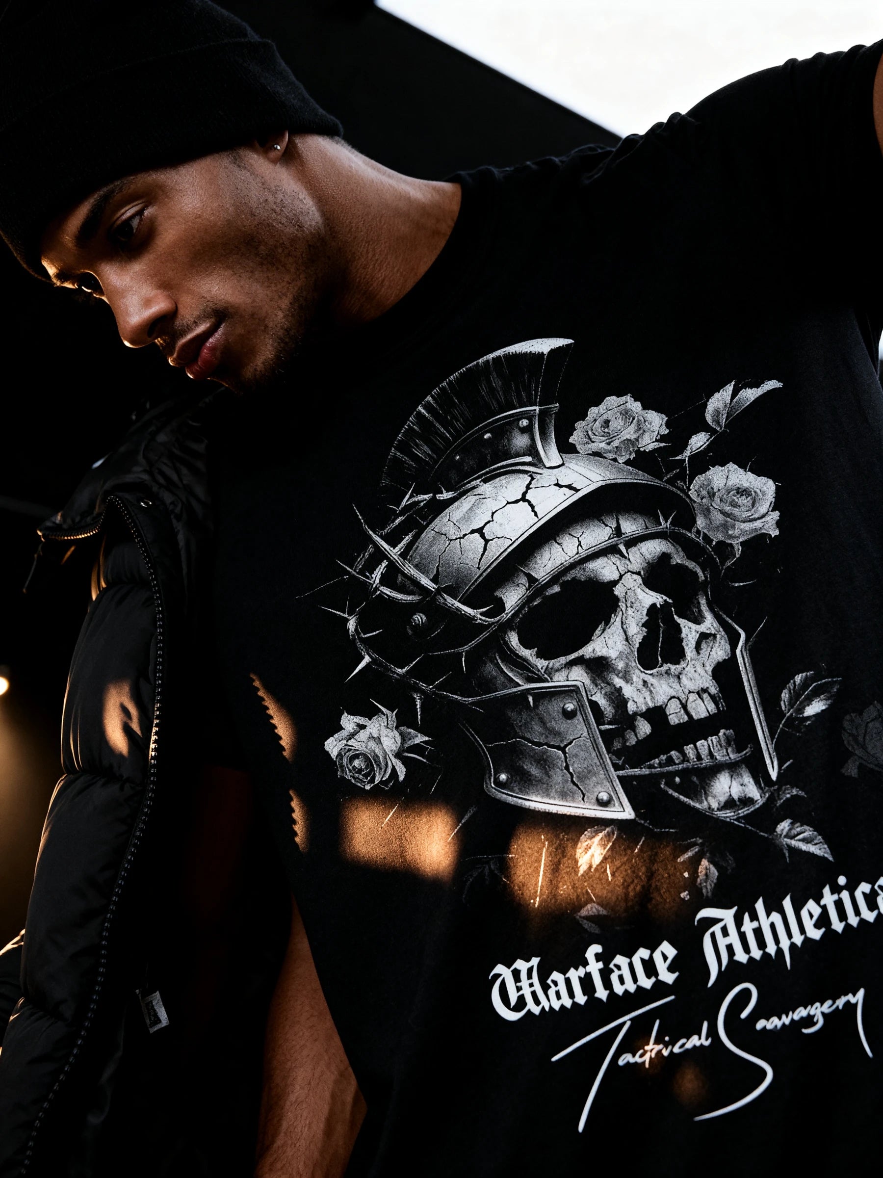 Spartan gym tee front View — Men's Stoic Quote T-Shirt with Spartan Helmet Warrior Print by Warface Athletics