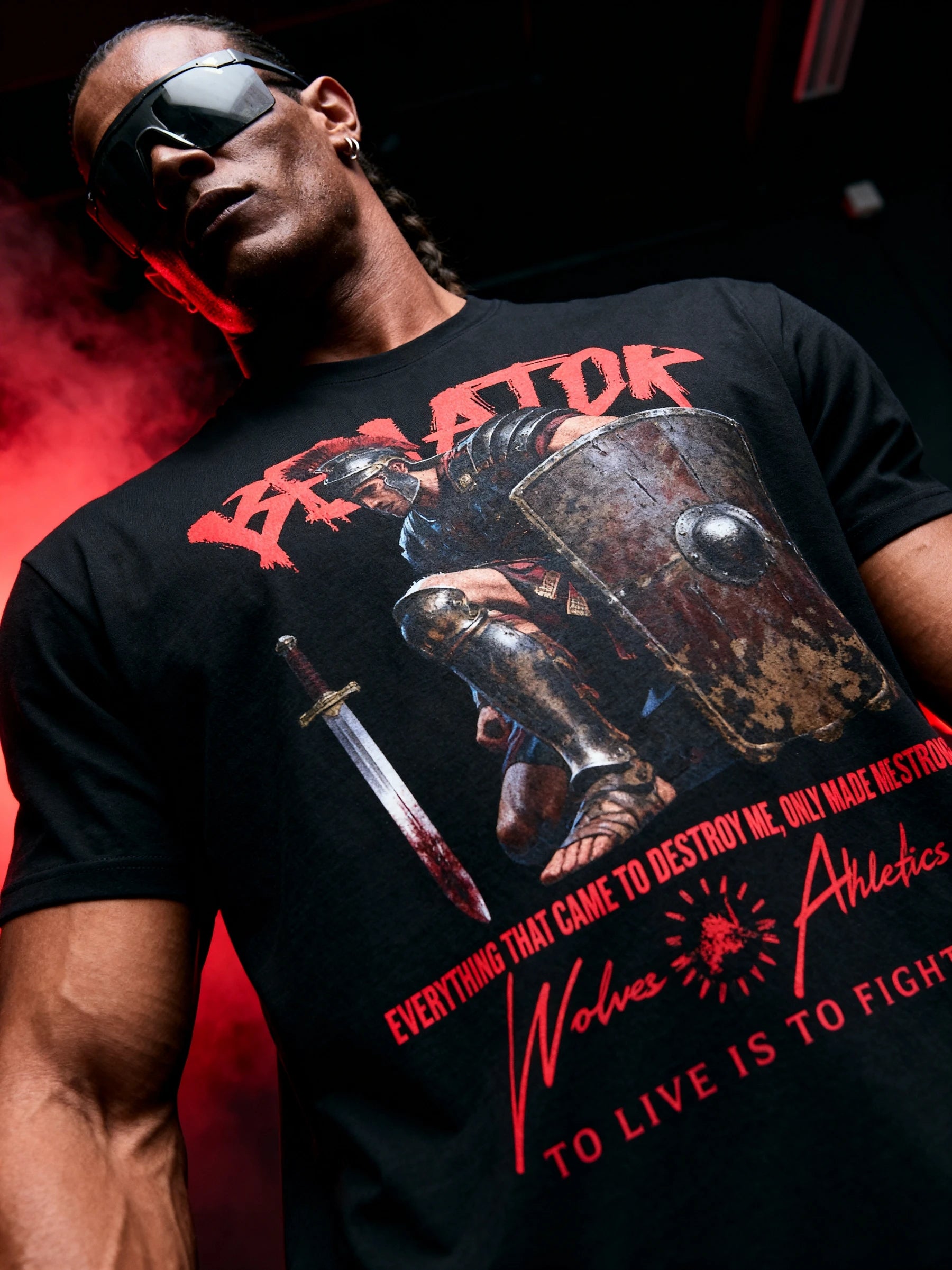 Mens graphic t shirts – athlete in Venator gladiator gym tee, red background warrior lifestyle – Warface Athletics