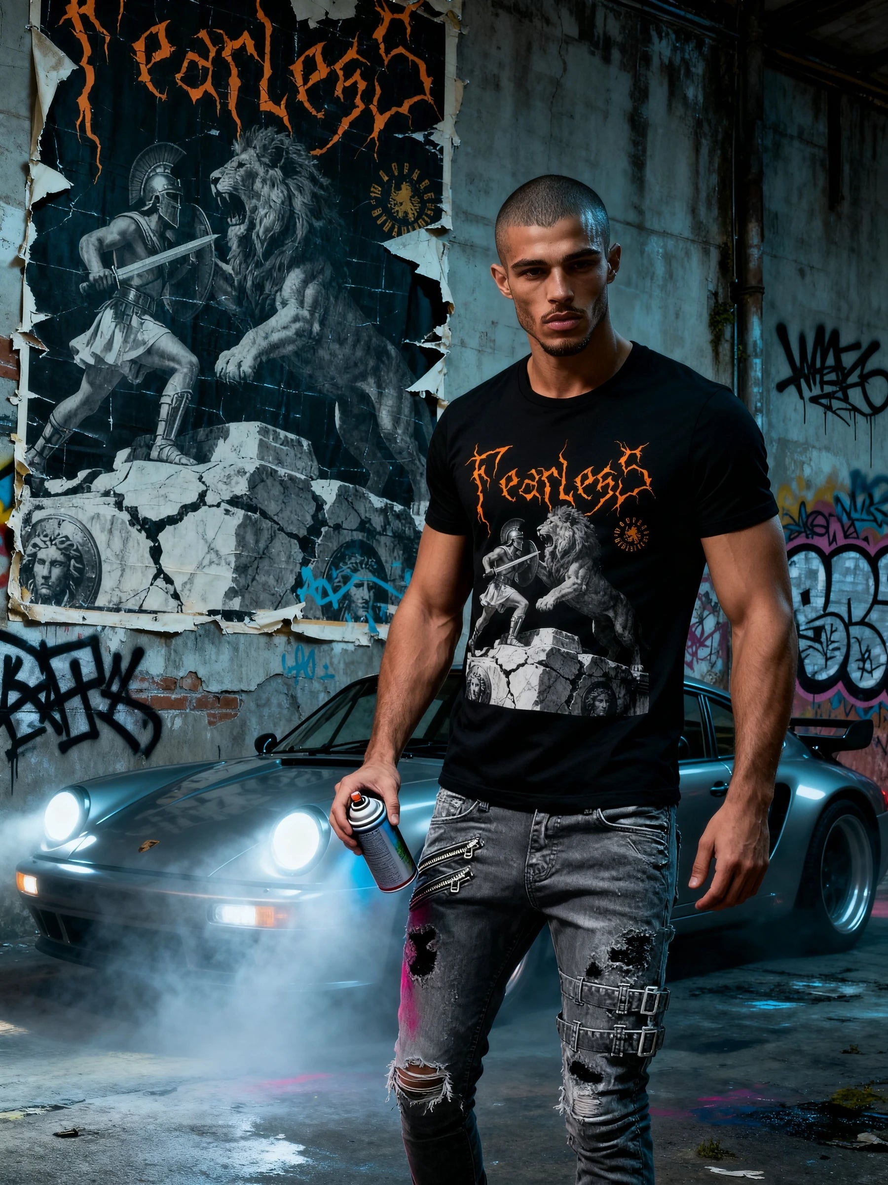 Men's Fearless Spartan vs lion gym shirt – streetwear model in warrior graphic tee, graffiti wall car background. Warface Athletics.