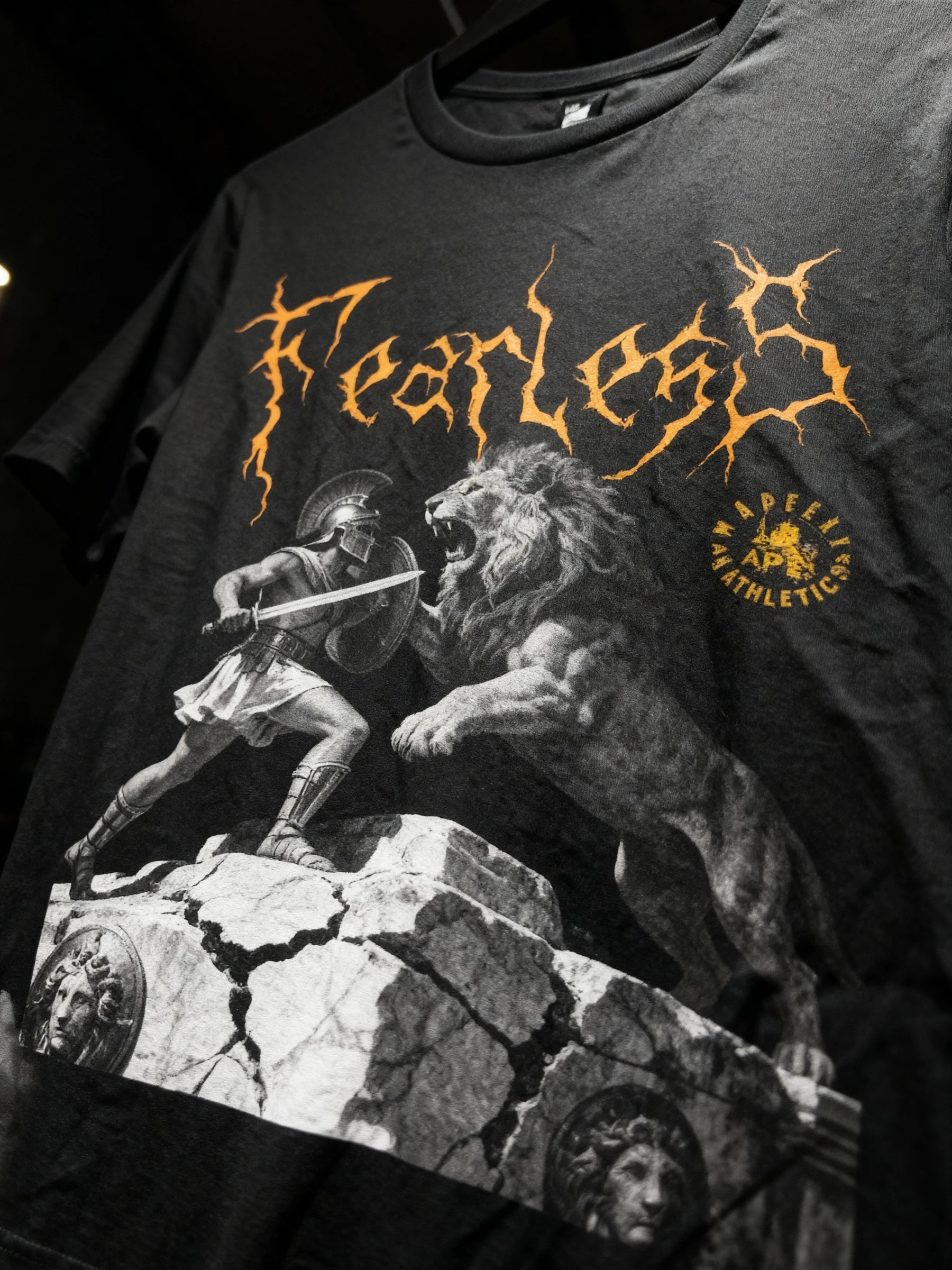 Fearless Spartan vs lion graphic tee flat – armored warrior facing roaring lion, men's black gym shirt. Warface Athletics.
