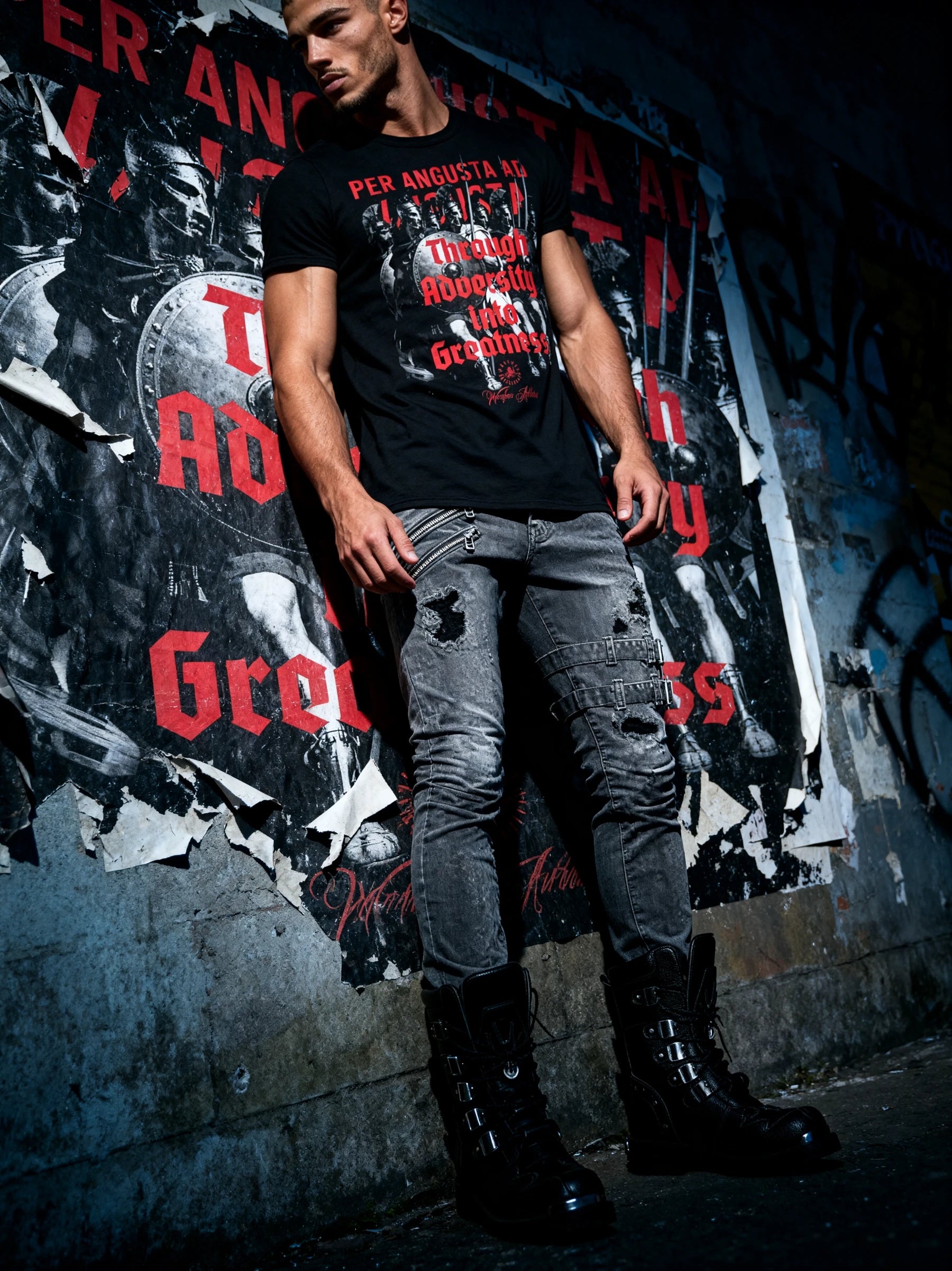 Graphic tees for guys – athlete in Spartan phalanx Latin quote gym tee, dark urban lifestyle – Warface Athletics
