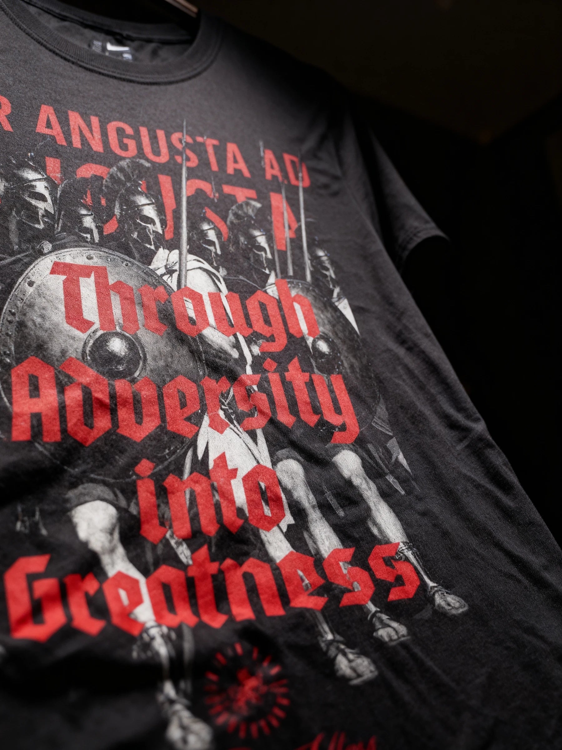  Graphics on t shirts – Through Adversity Into Greatness Spartan heavyweight tee red text display – Warface Athletics