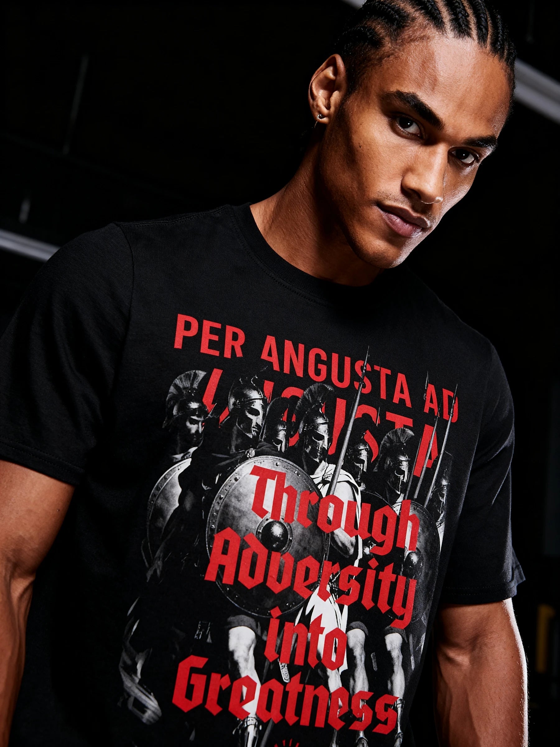 T shirts with graphics – Spartan Latin quote gym tee side profile urban dark moody lifestyle – Warface Athletics
