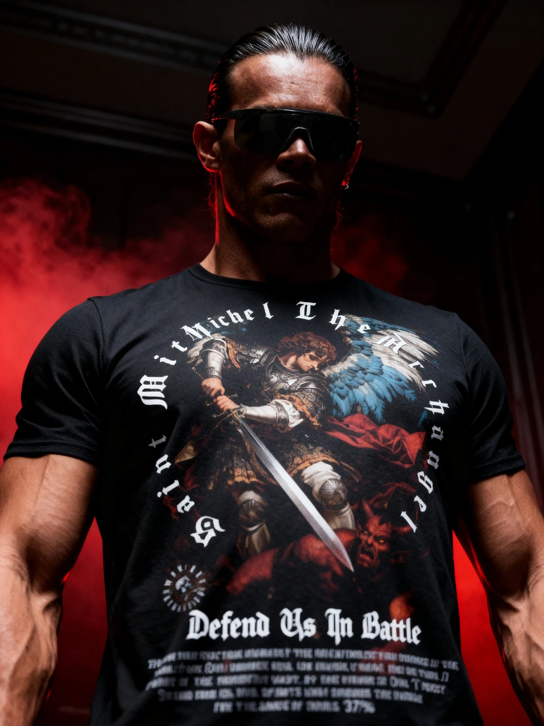 St. Michael Shirt Lifestyle Shot — Men's Graphic Tee for Guys with Christian Motivational Quote by Warface Athletics