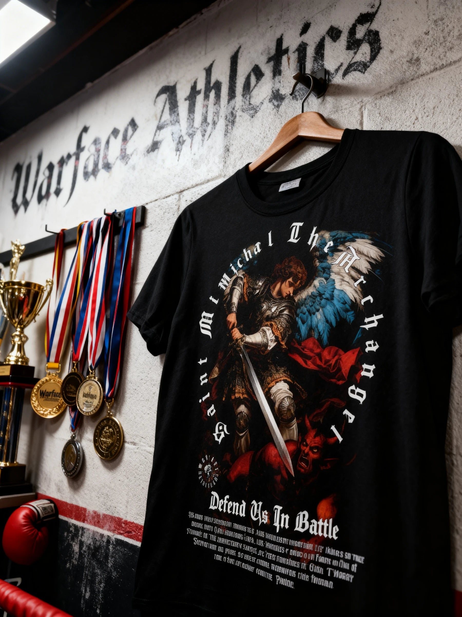 Warface Athletics Saint Michael Archangel Tee Display — Men's Tribute Shirt with Motivational Quote