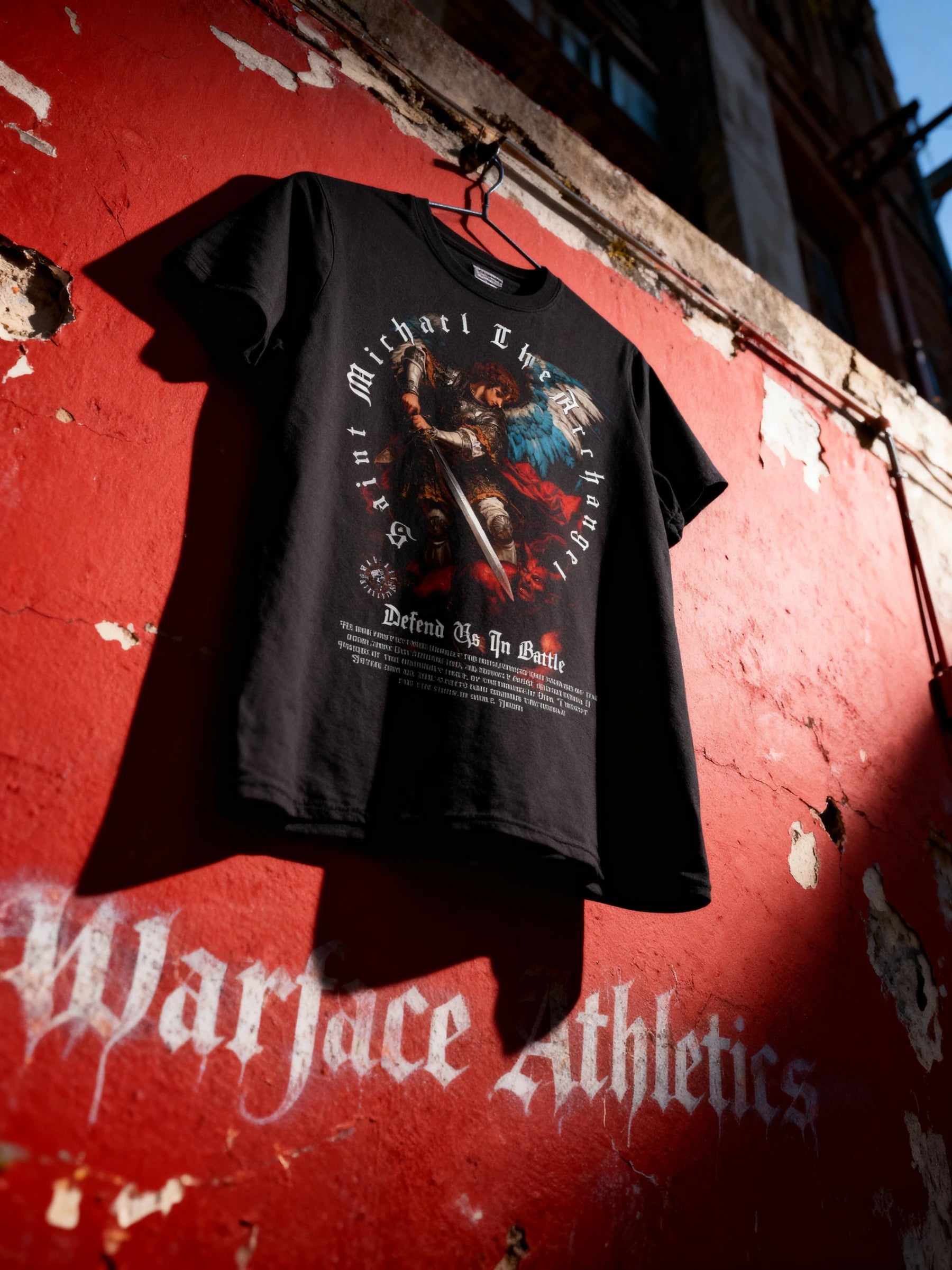 St. Michael Graphic Tee Flat Lay — Men's Christian Workout Shirt with Warrior Clothing Print by Warface Athletics