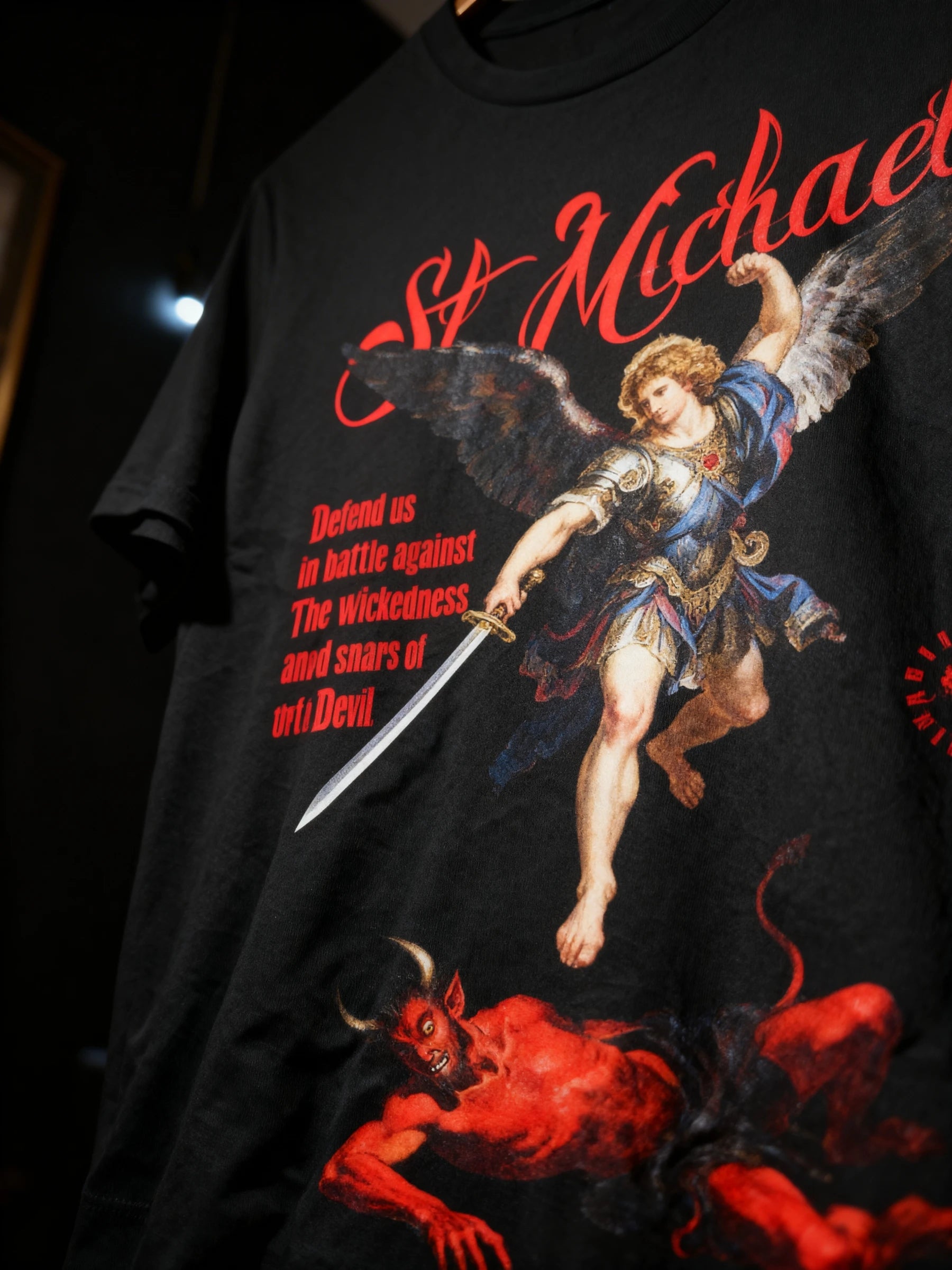 Saint Michael Gym T-Shirt Lifestyle Shot — Men's Christian Workout Shirt with Warrior Clothing Aesthetic by Warface Athletics