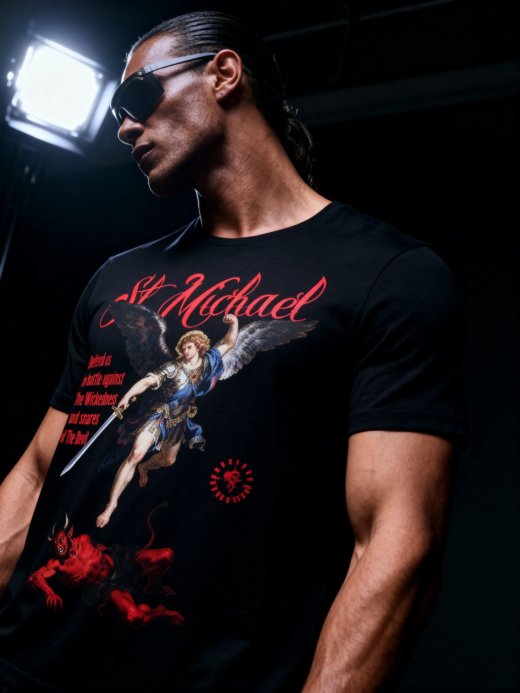 Saint Michael Gym T-Shirt Lifestyle Shot — Men's Christian Workout Shirt with Warrior Clothing Aesthetic by Warface Athletics