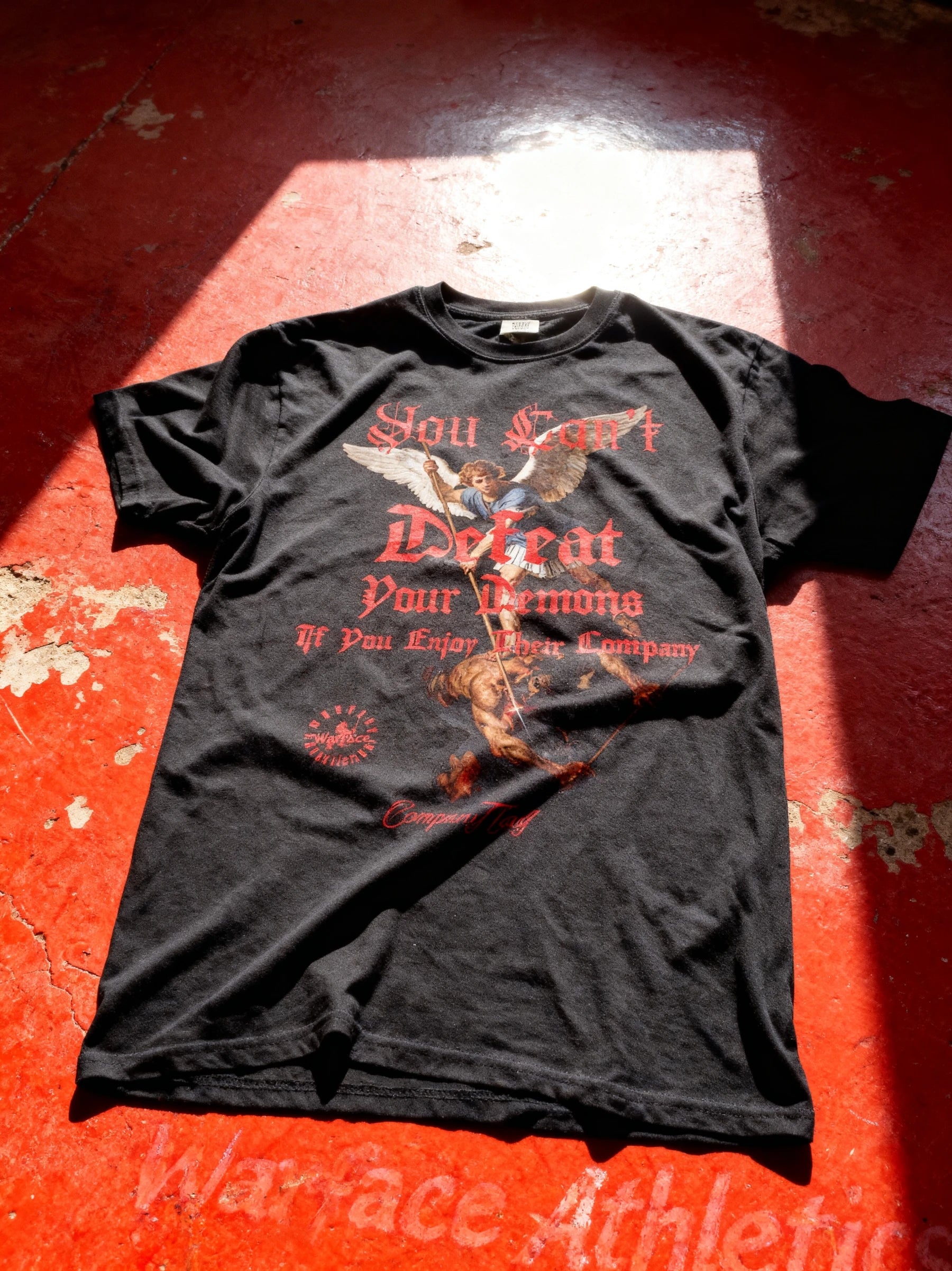 St. Michael archangel graphic tee flat lay – men's black heavyweight gym shirt, Comfort Colors 1717. Warface Athletics.