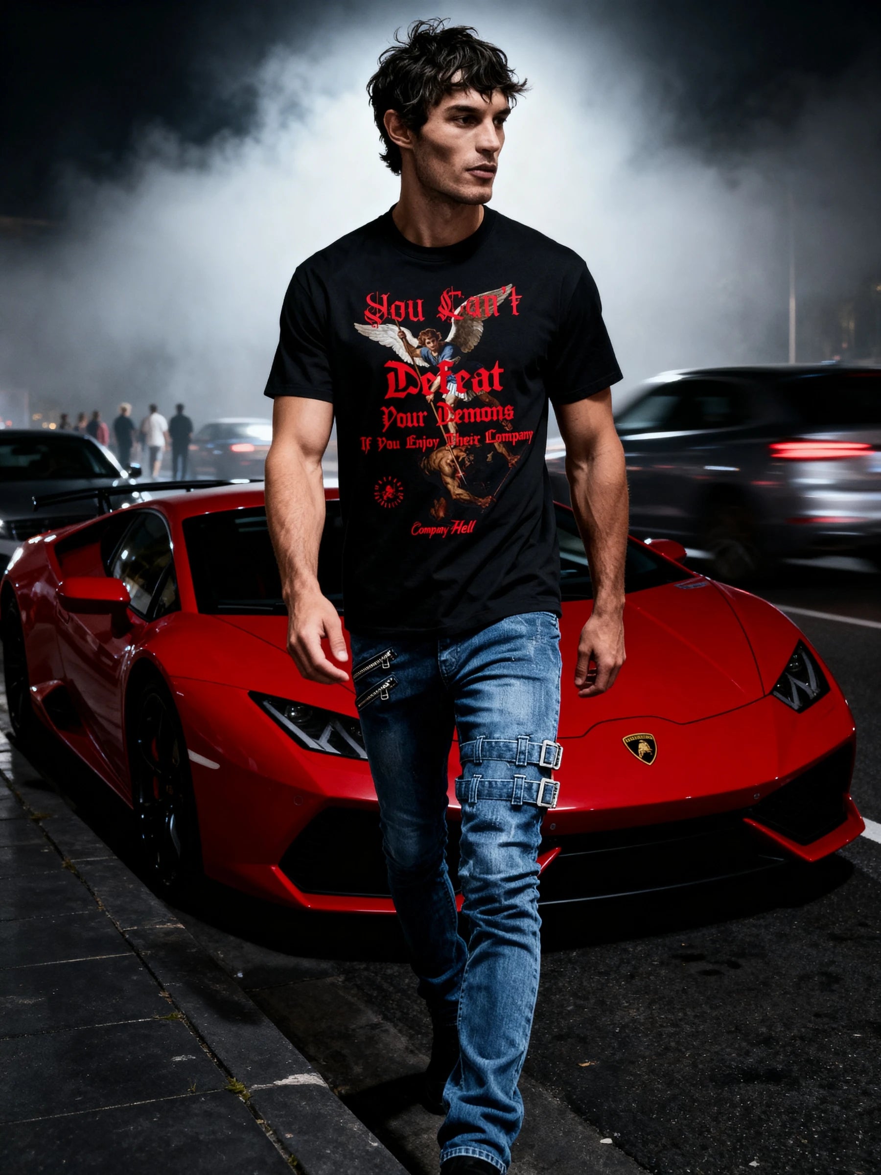 Men's St. Michael graphic gym shirt – model in christian warrior tee by red sports car, streetwear athleisure.