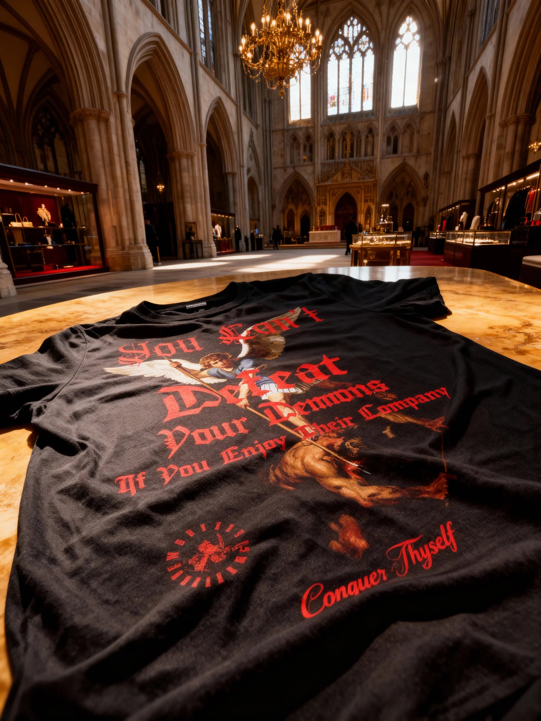 St. Michael Defeat Your Demons flat lay in cathedral – men's heavyweight graphic tee, Comfort Colors 1717.
