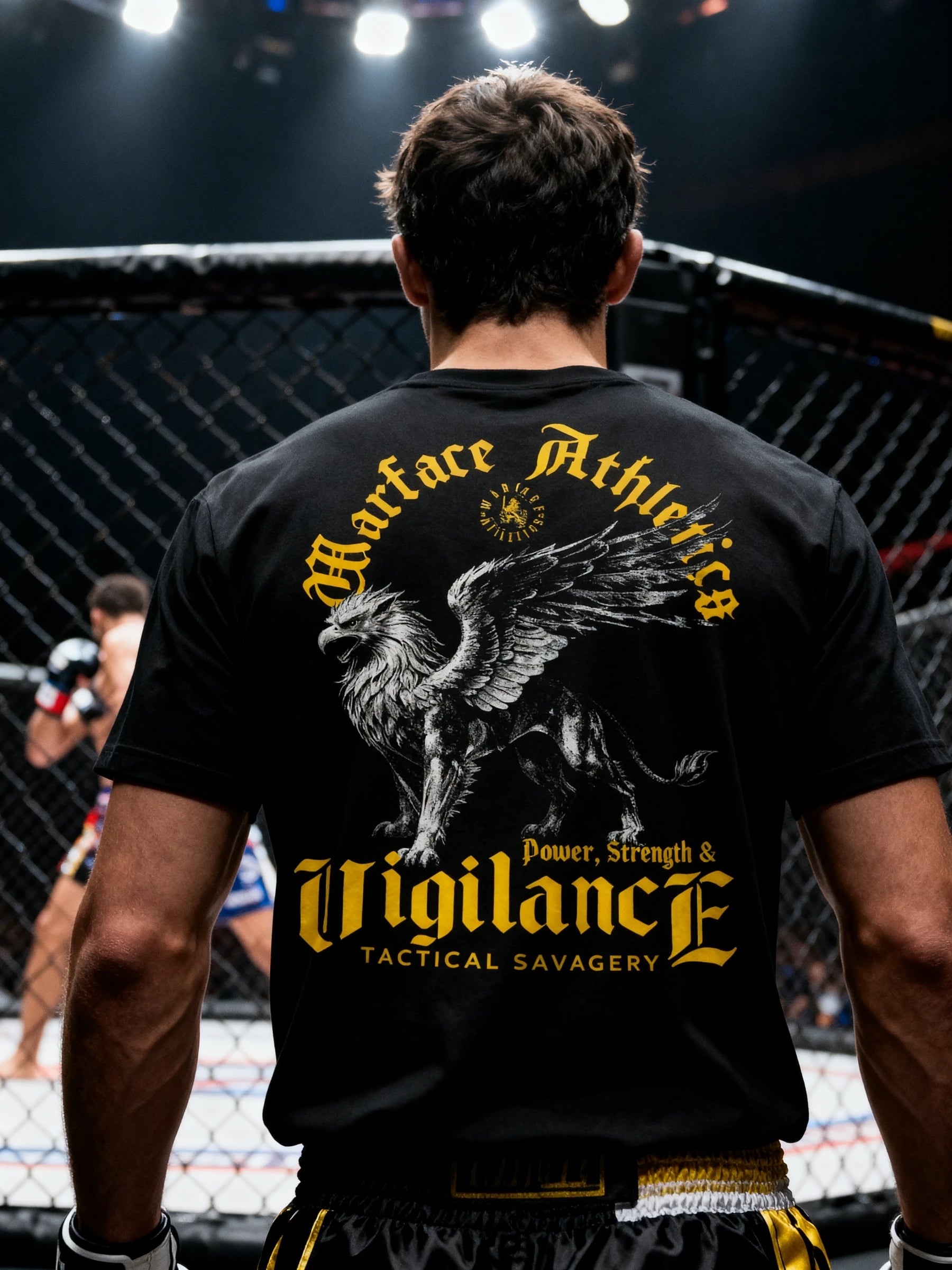 Vigilance Graphic Tee Back Lifestyle — Men's Griffin Gym Shirt with yellow Stoic Quote by Warface Athletics