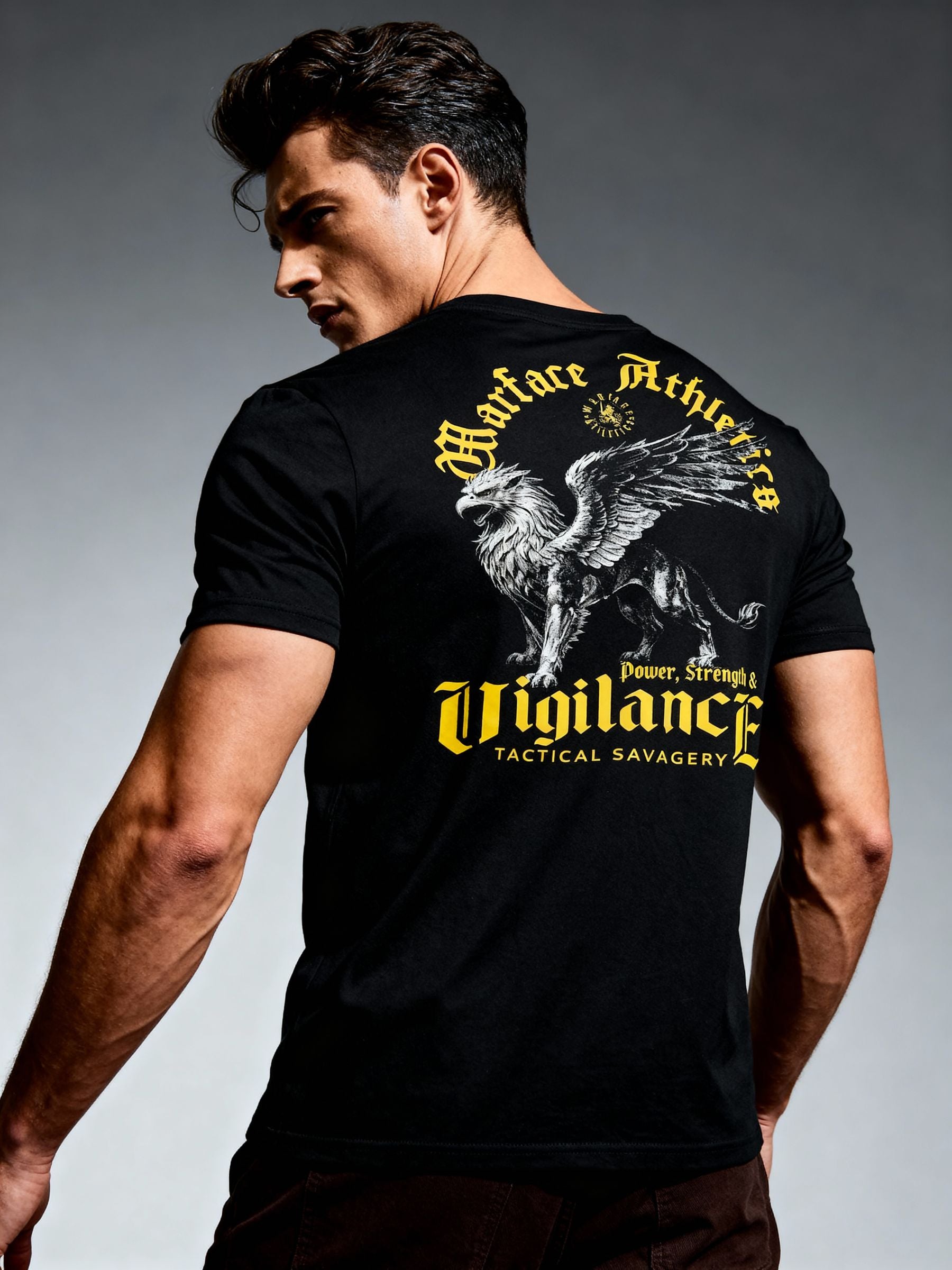 Vigilance Graphic Tee Lifestyle — Men's Stoic Warrior Shirt with Griffin Print and Motivational Quote by Warface Athletics