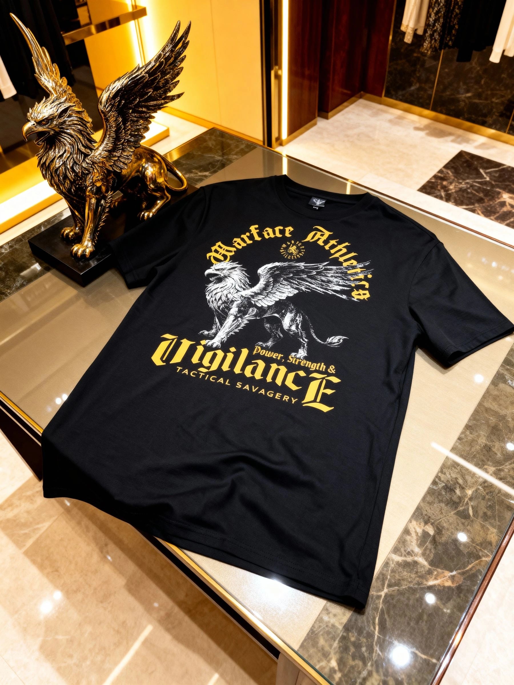 Vigilance Tee Lifestyle — Men's Griffin Graphic Gym Shirt with Stoic Quote in luxury Setting by Warface Athletics