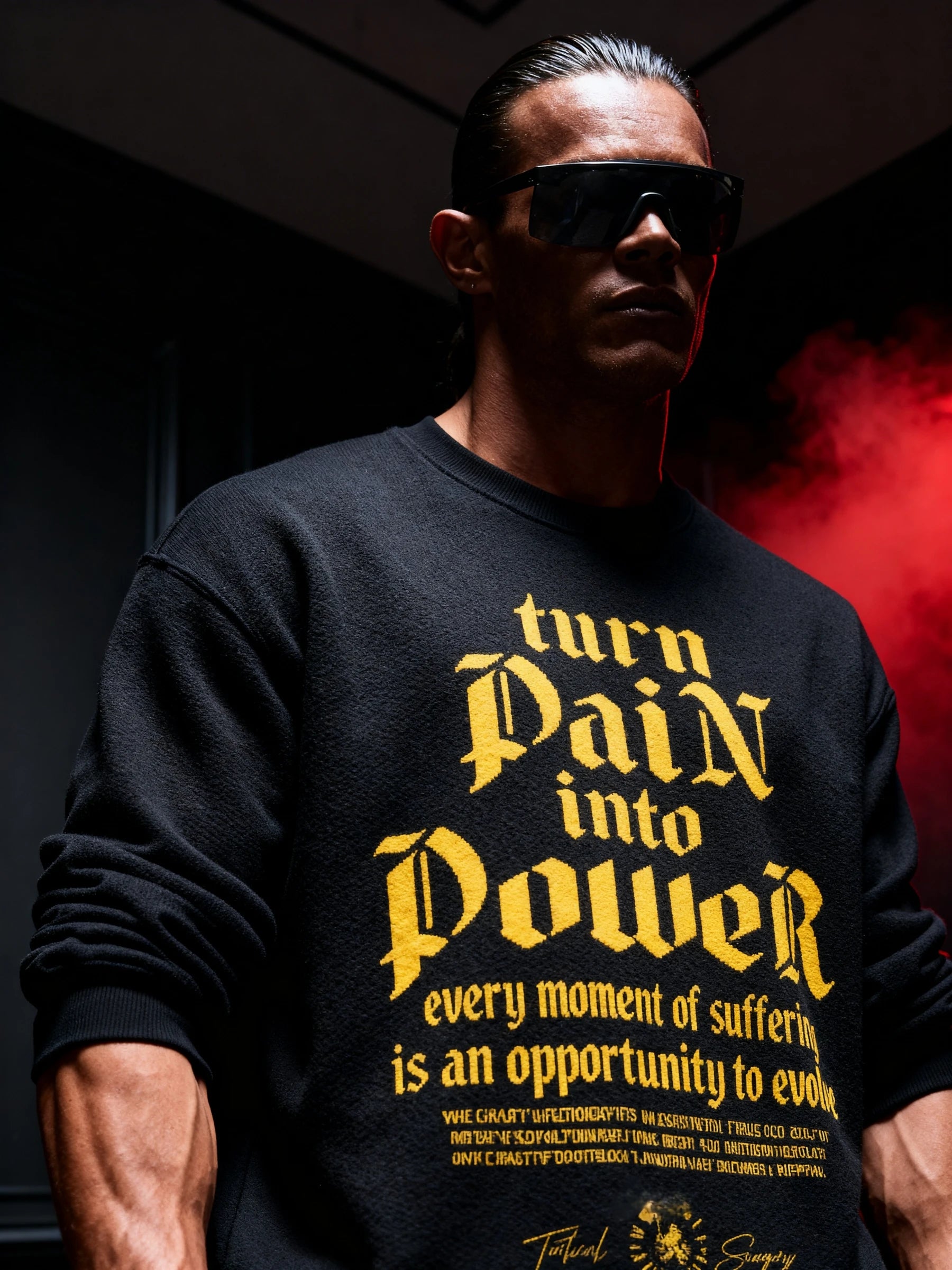 Men's Turn Pain Into Power pump cover sweatshirt – streetwear model in stoic typography crewneck, dark setting. Warface Athletics.