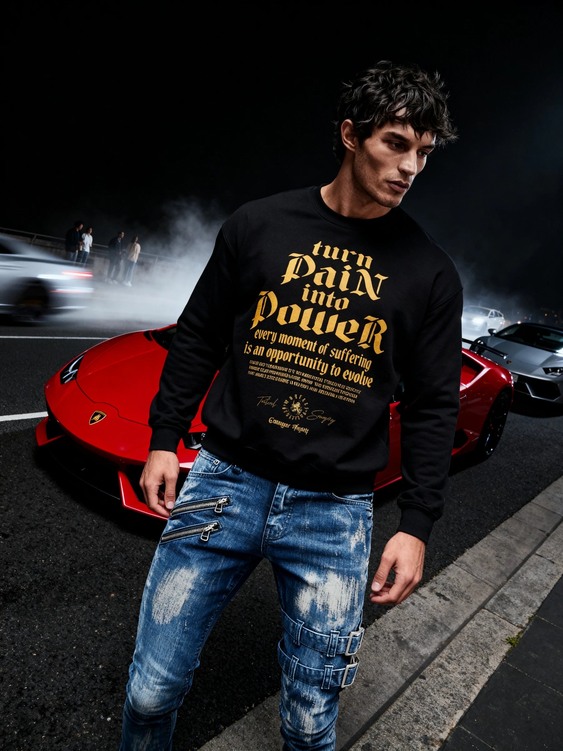 Men's Turn Pain Into Power pump cover sweatshirt – model in stoic typography crewneck in front of red sports car. Warface Athletics.