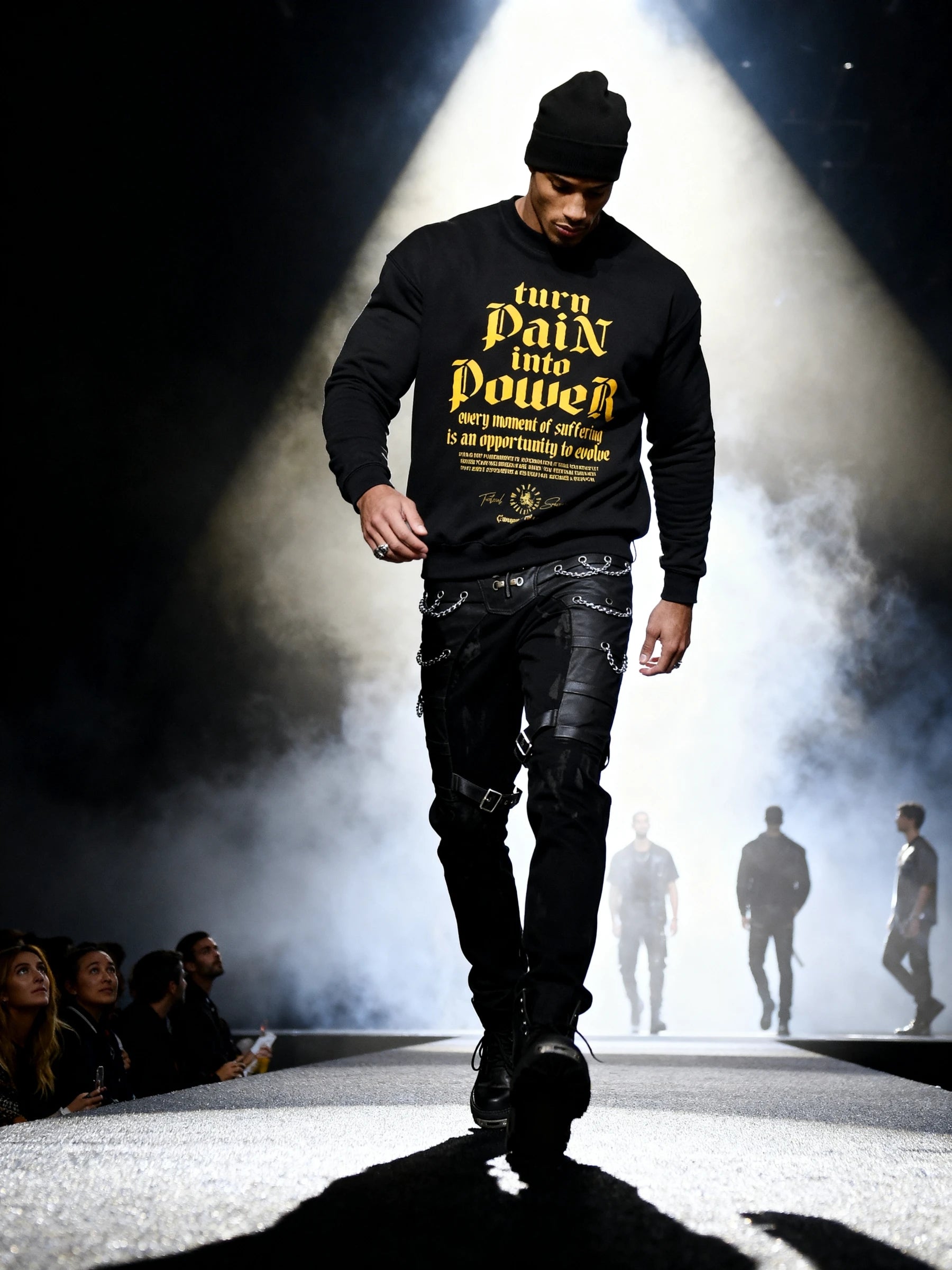 Men's Turn Pain Into Power pump cover sweatshirt – streetwear model on runway in stoic typography crewneck. Warface Athletics.