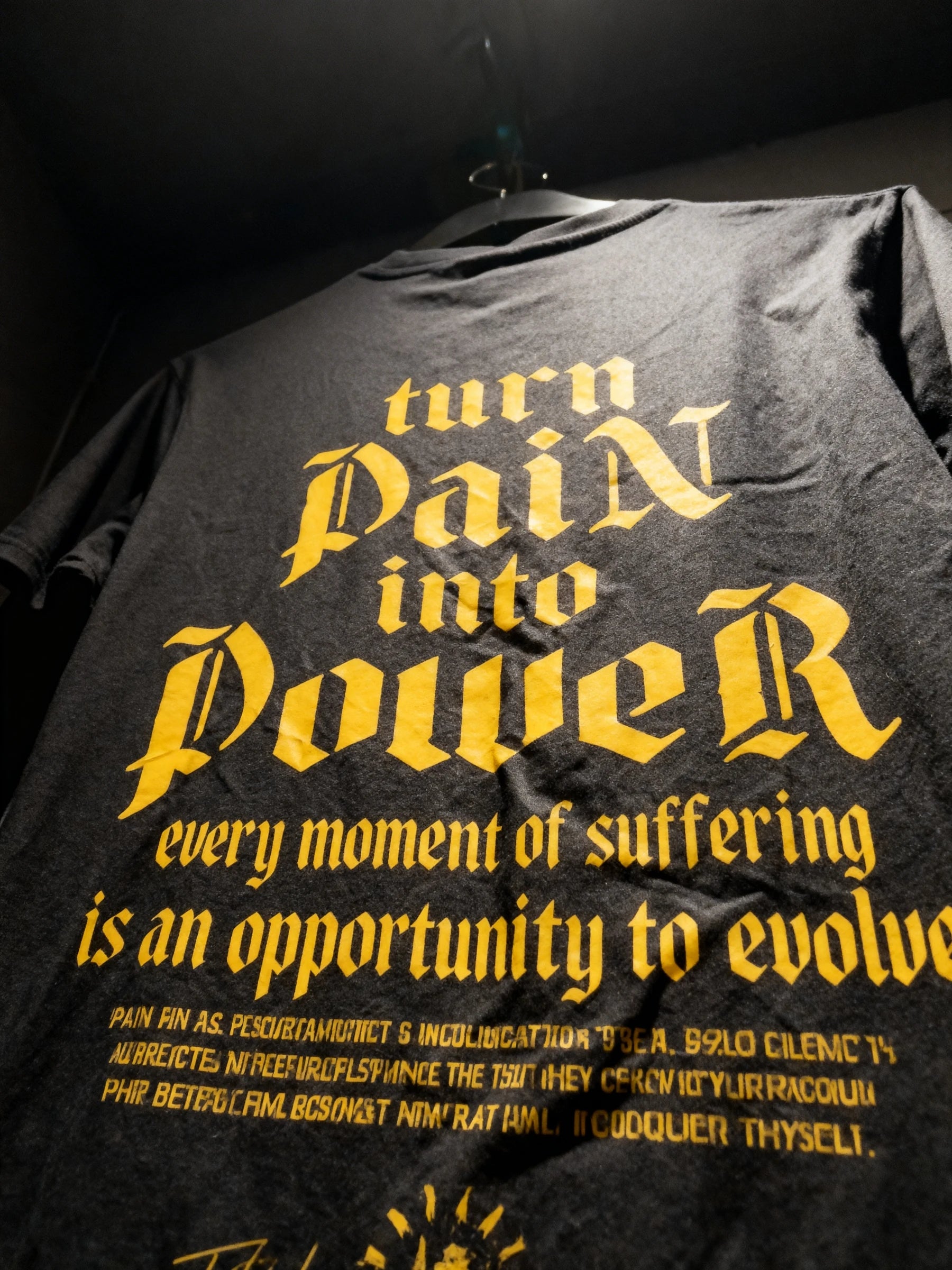 Turn Pain into Power Tee Billboard — Men's Stoic Quote Gym Shirt with Bold Yellow Gothic Back Print by Warface Athletics