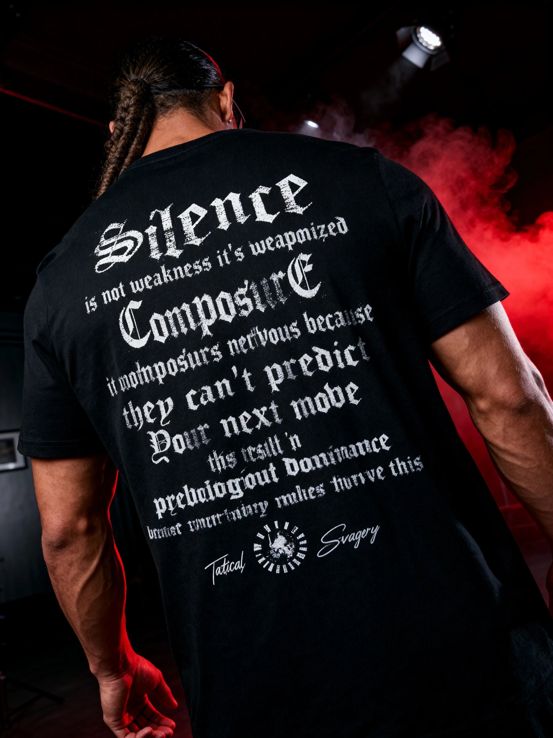 Silence Composure Tee Back Lifestyle — Men's Stoic Warrior Gym Shirt with White Gothic Back Print by Warface Athletics