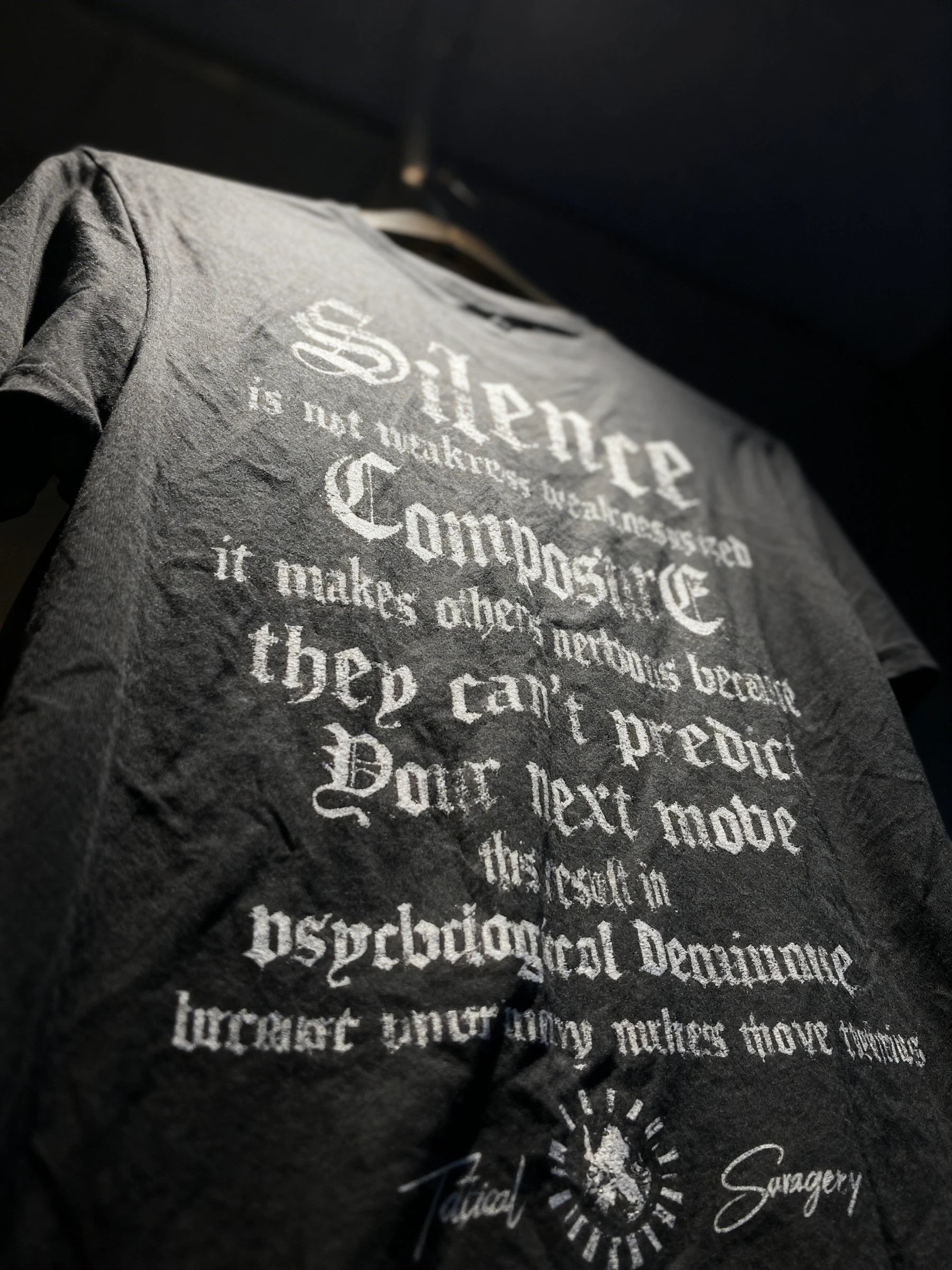 Silence Composure Tee Back View — Men's Stoic Quote T-Shirt with White Gothic Silence Composure Text by Warface Athletics