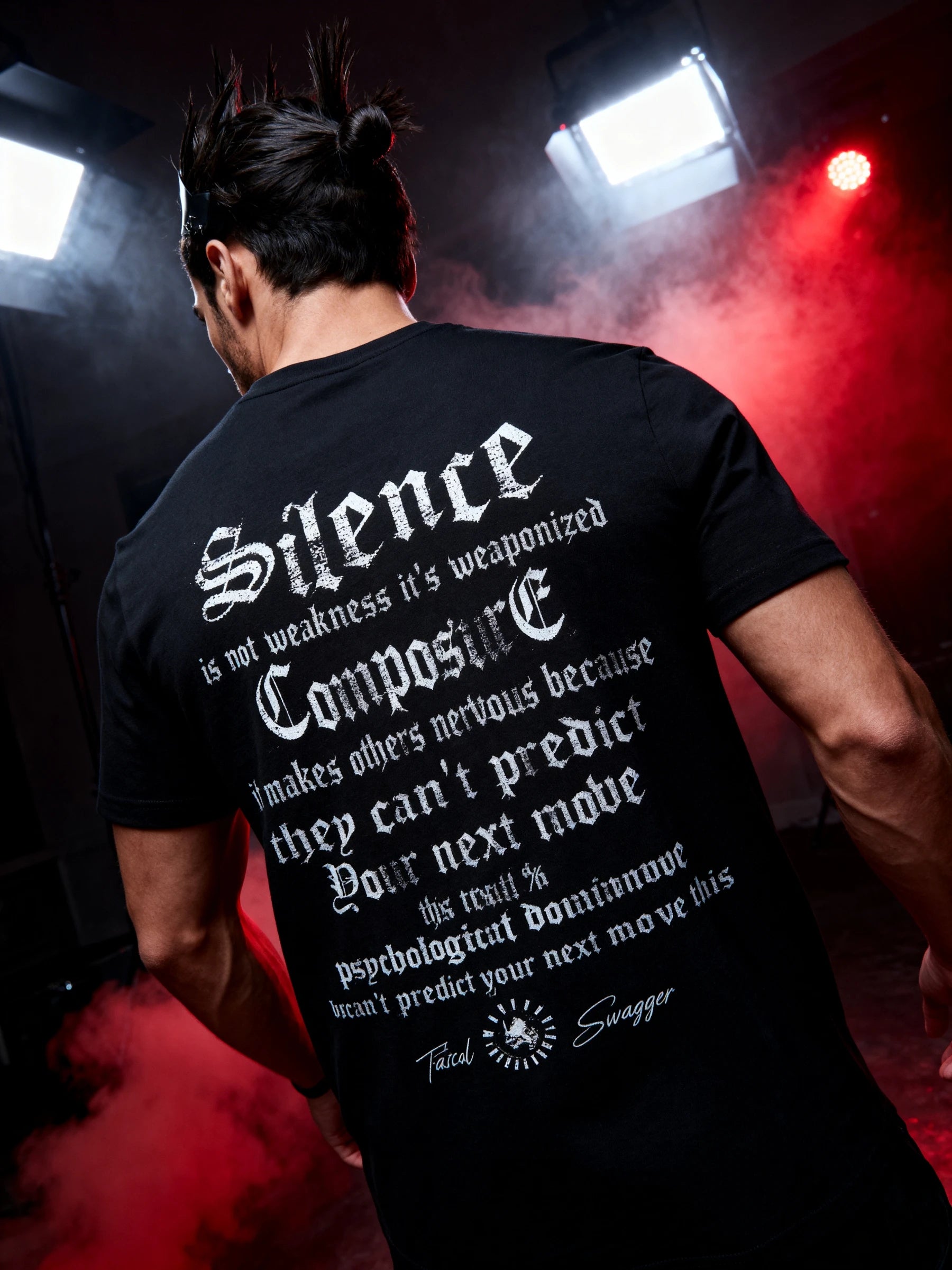 Silence Composure Tee Back View — Men's Stoic Warrior Shirt with White Gothic Composure Quote by Warface Athletics